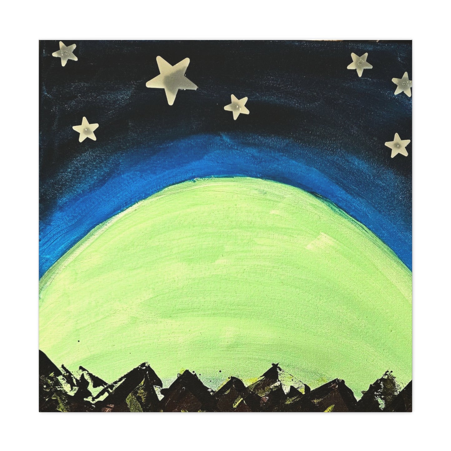Green Moonrise Canvas Wall Art – Mountain Silhouette Nightscape