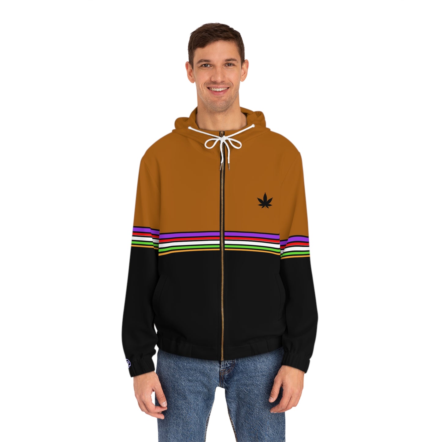 Full-Zip Hoodie with Striped Retro Panels & Leaf Emblem