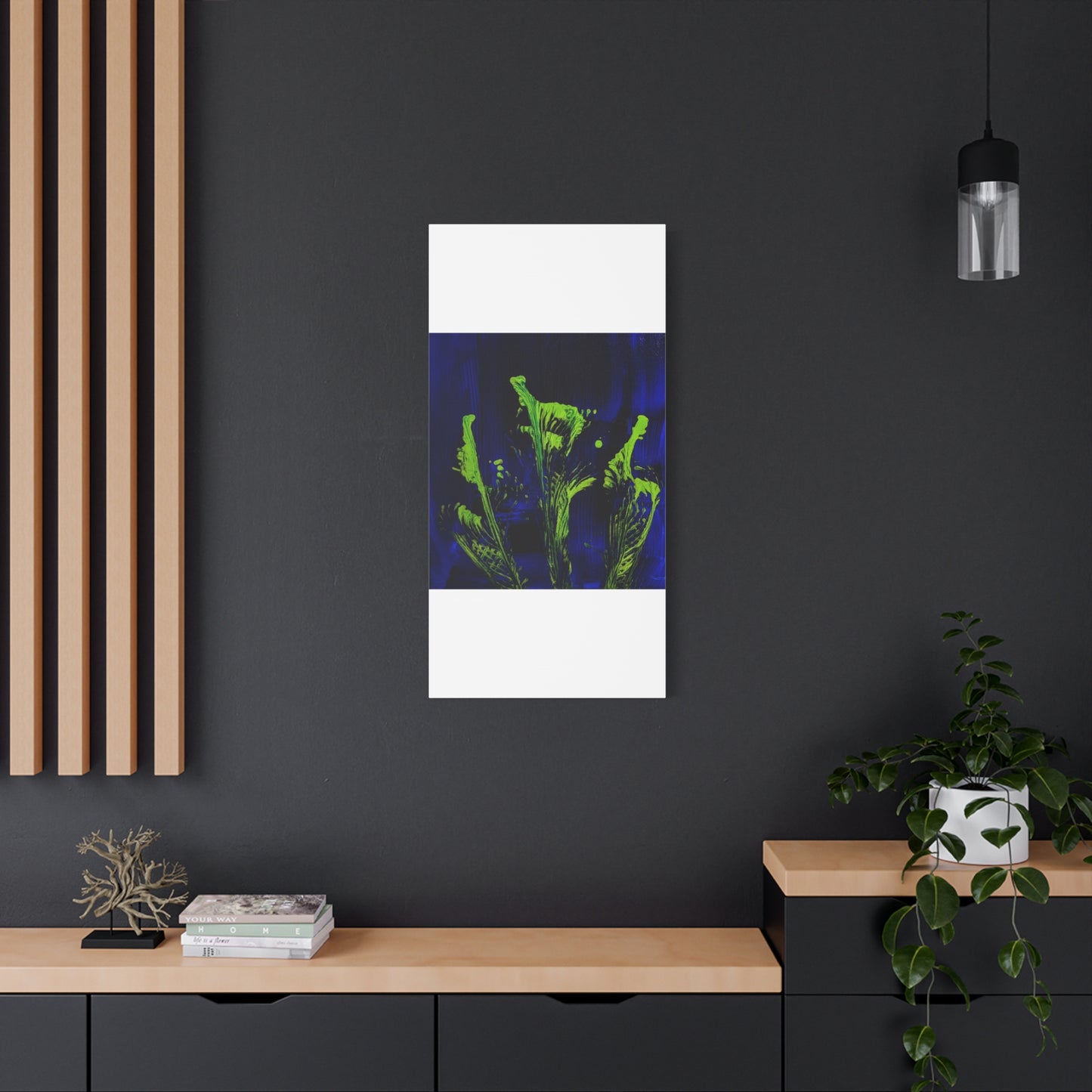 calla_lillies_pt.2 - Neon Floral Abstract Canvas Print — Blue & Lime Stretched Wall Art