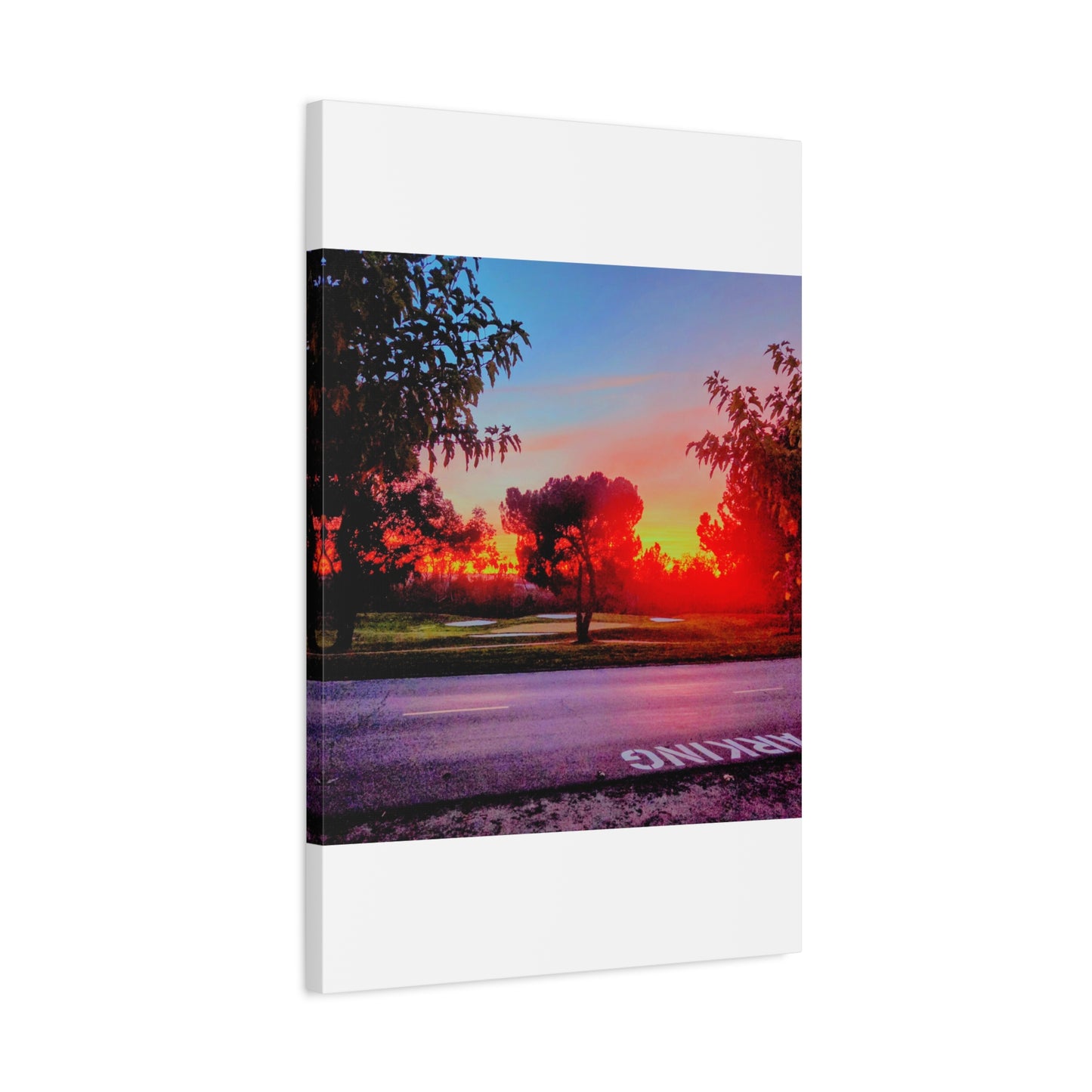 4th green @muni - Sunset Park Matte Canvas Print — Vibrant Red & Orange Landscape Wall Art