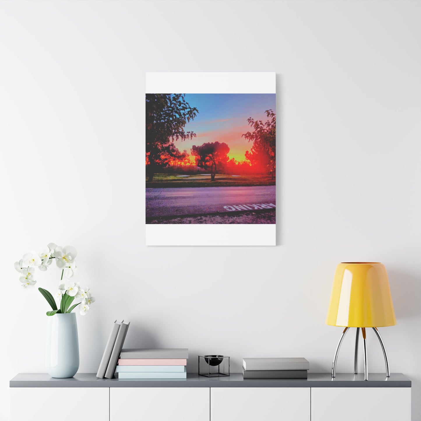 4th green @muni - Sunset Park Matte Canvas Print — Vibrant Red & Orange Landscape Wall Art