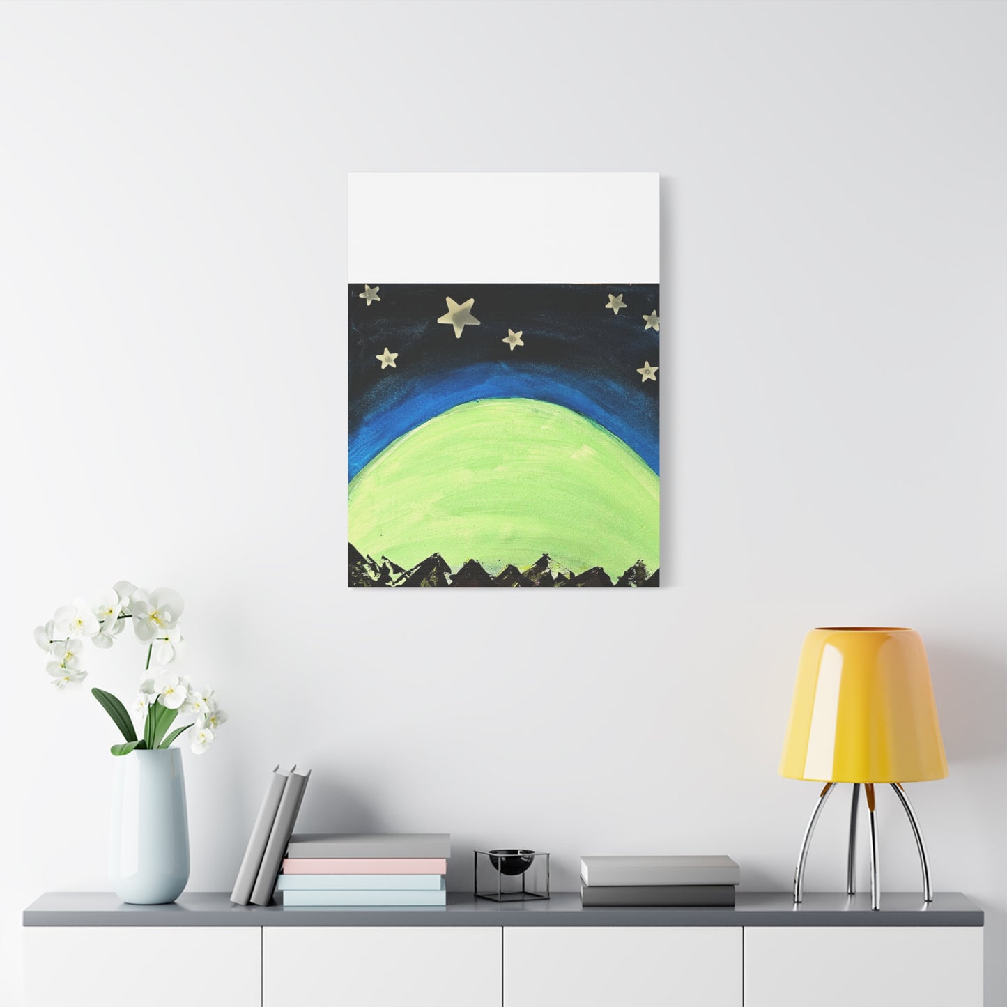 Green Moonrise Canvas Wall Art – Mountain Silhouette Nightscape