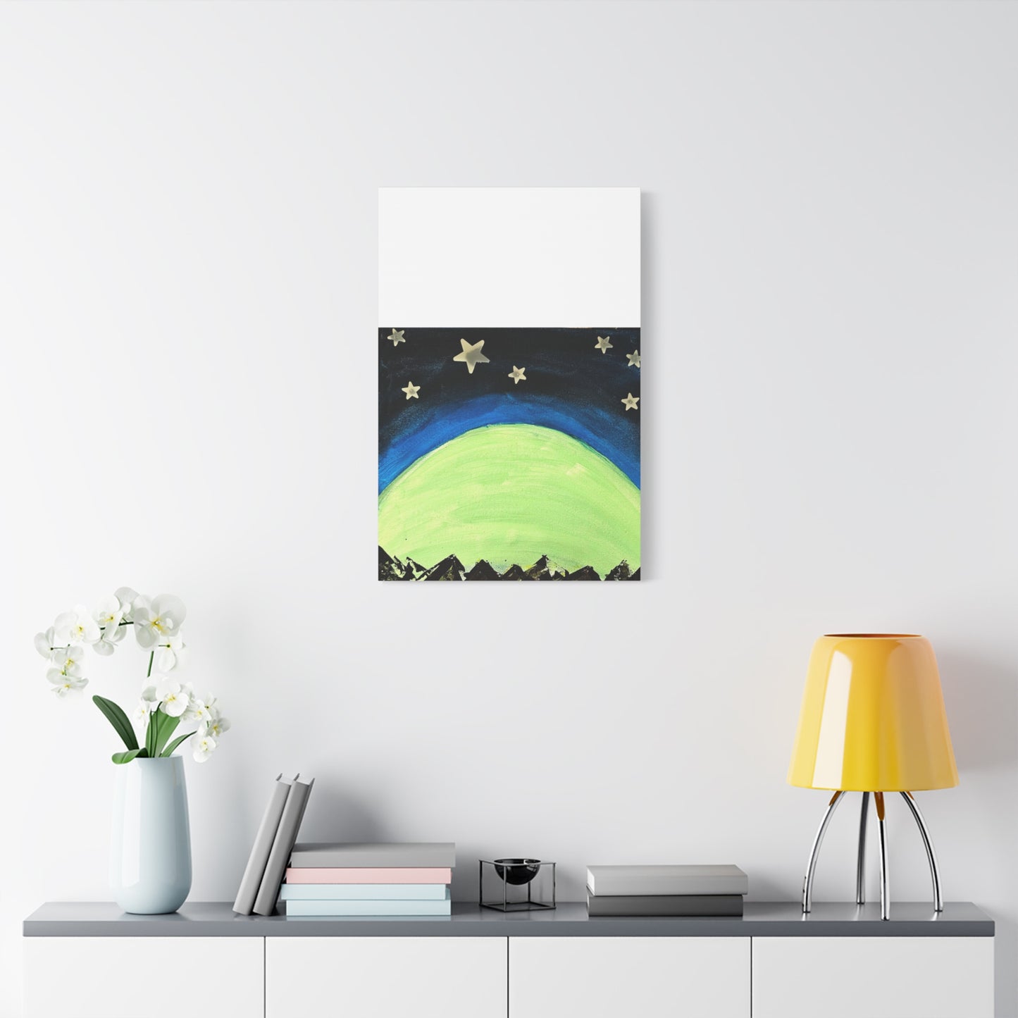 Green Moonrise Canvas Wall Art – Mountain Silhouette Nightscape