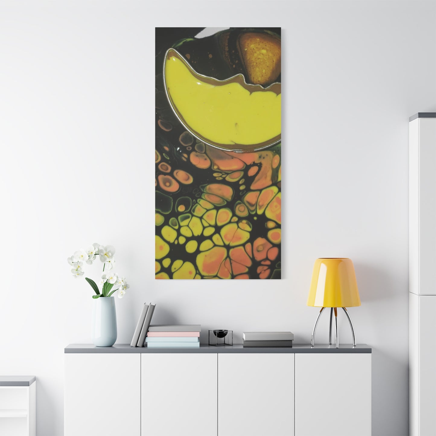 Abstract Fluid Art Canvas Print — Yellow & Black Cell Pour