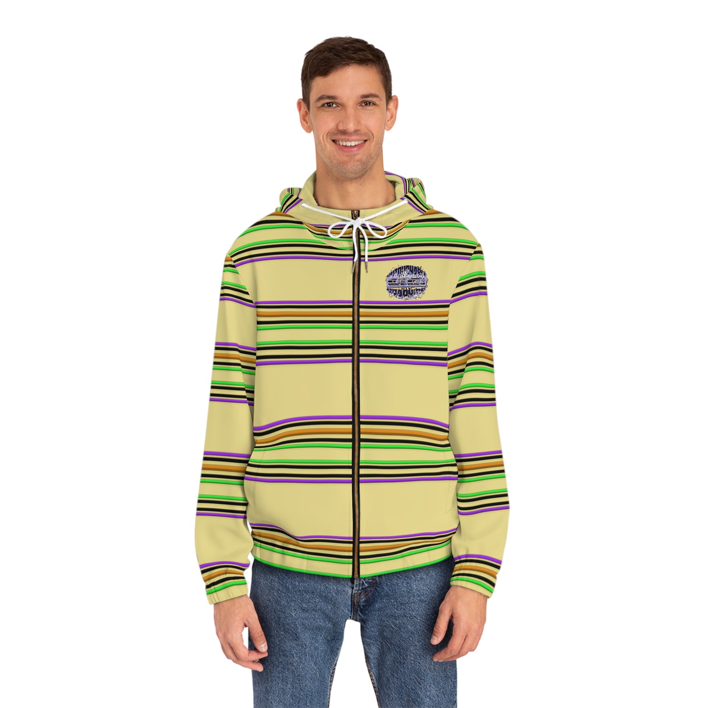 Striped Full-Zip Hoodie – Retro Green & Yellow All-Over Print