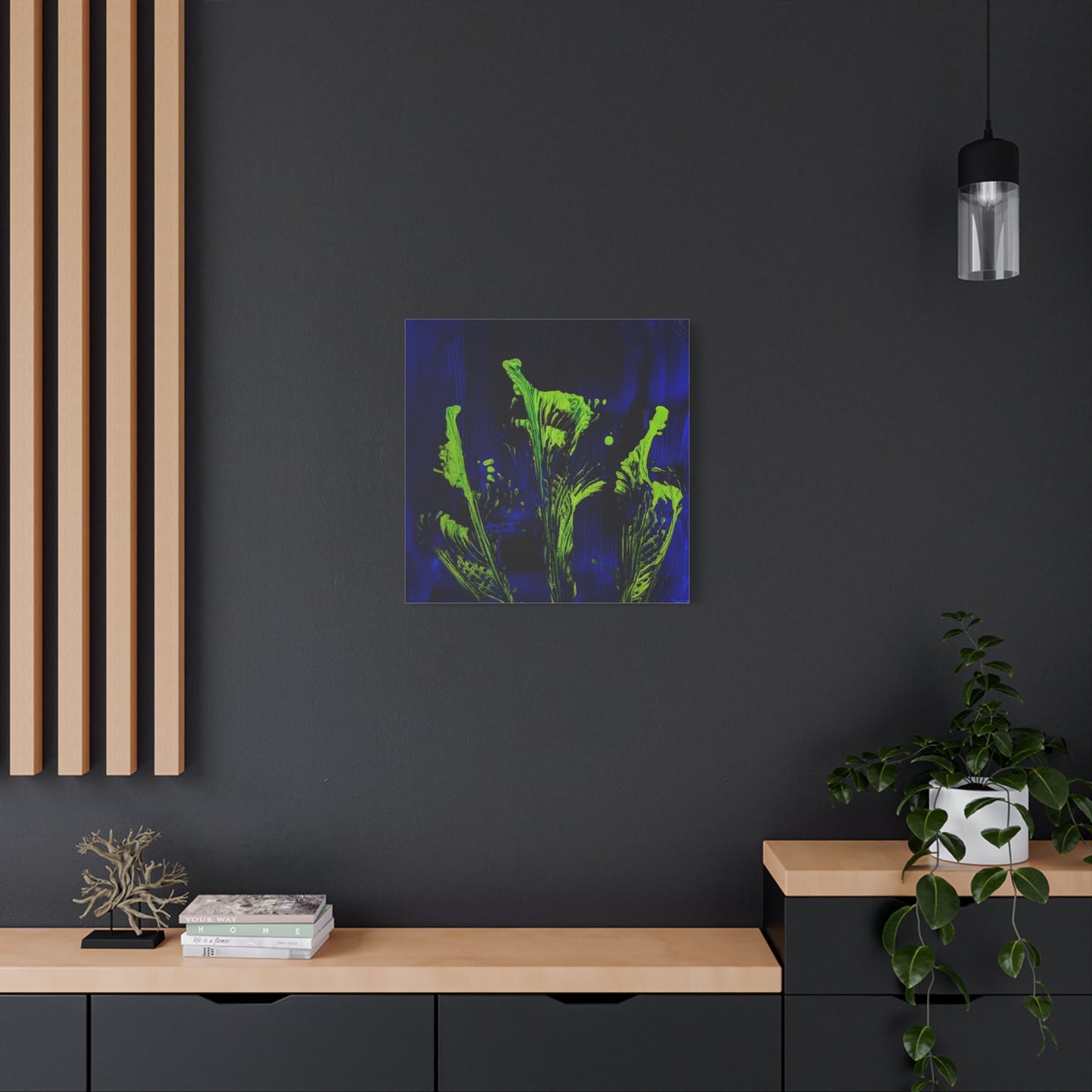 calla_lillies_pt.2 - Neon Floral Abstract Canvas Print — Blue & Lime Stretched Wall Art