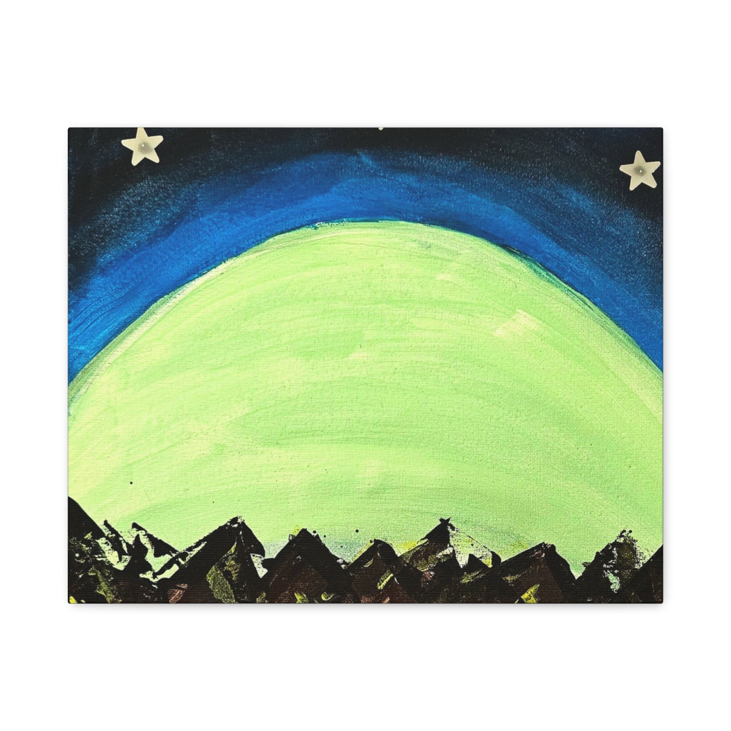 Green Moonrise Canvas Wall Art – Mountain Silhouette Nightscape