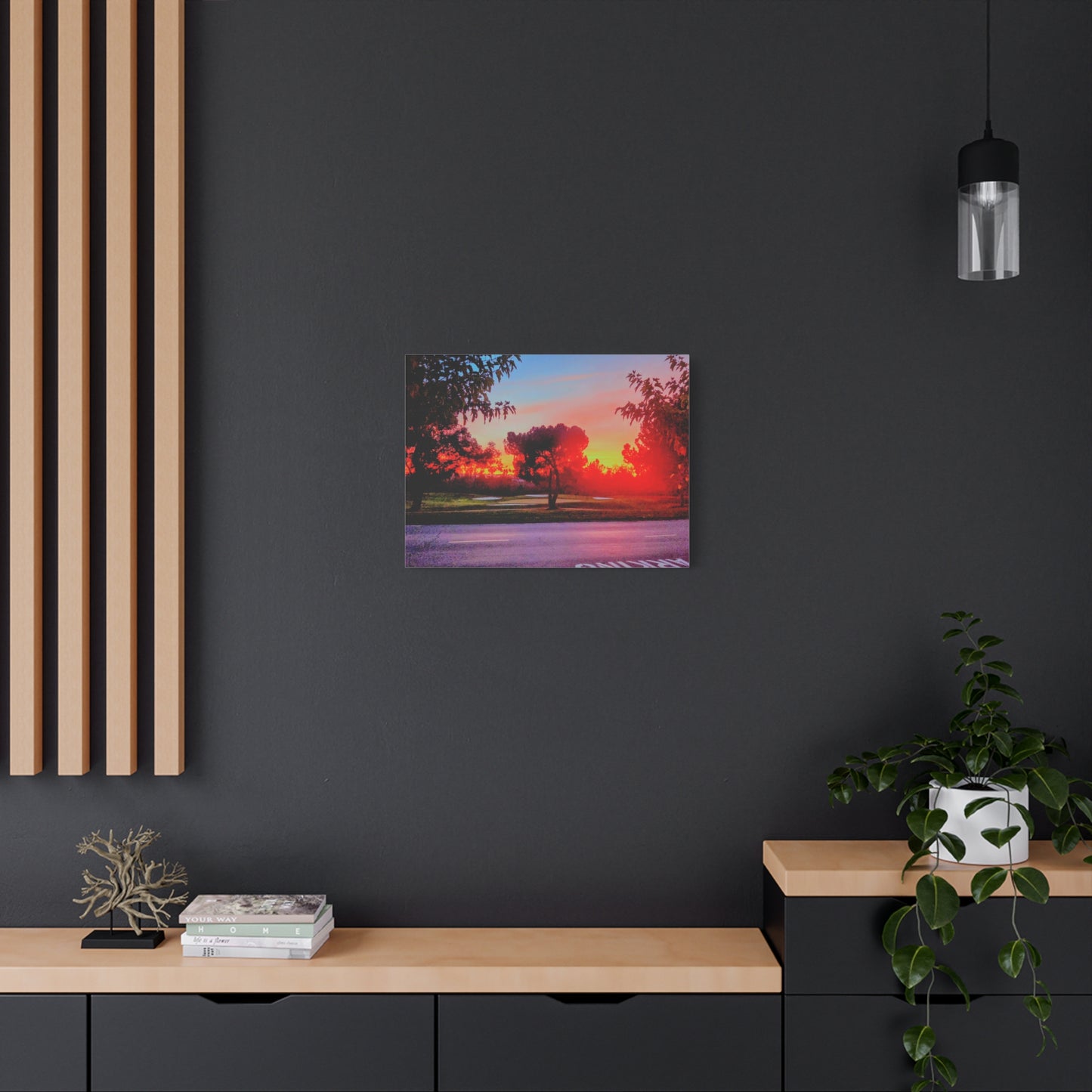 4th green @muni - Sunset Park Matte Canvas Print — Vibrant Red & Orange Landscape Wall Art