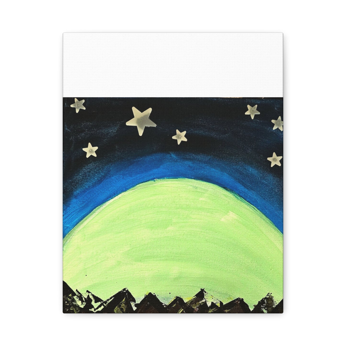 Green Moonrise Canvas Wall Art – Mountain Silhouette Nightscape
