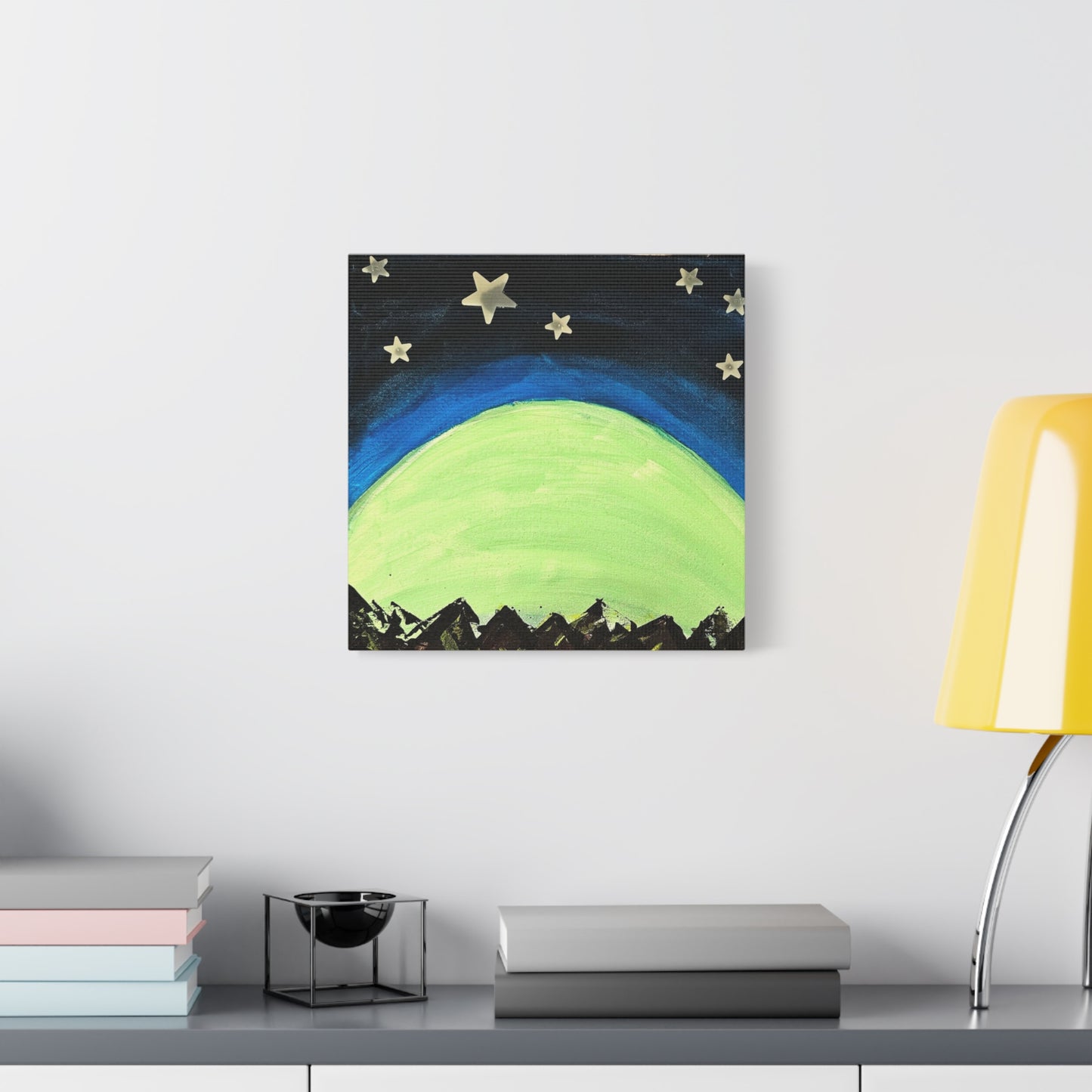 Green Moonrise Canvas Wall Art – Mountain Silhouette Nightscape