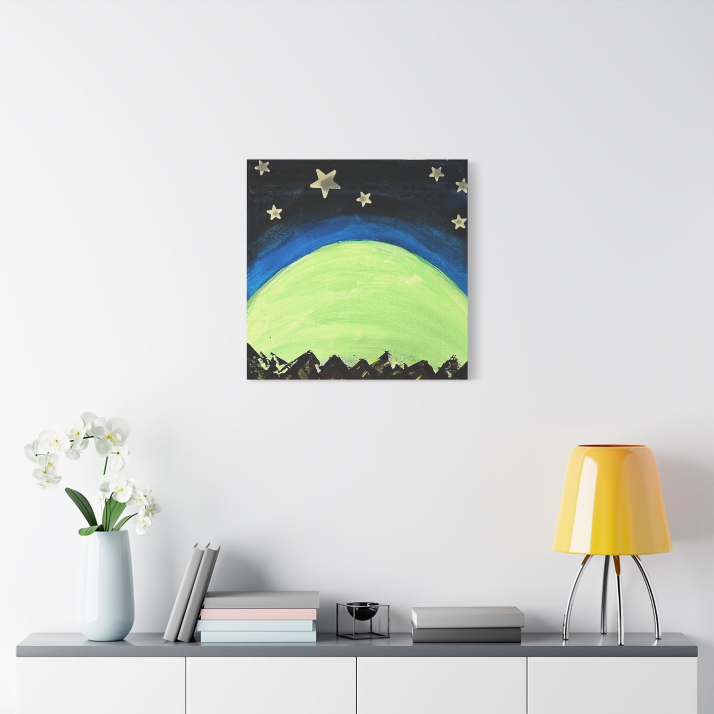 Green Moonrise Canvas Wall Art – Mountain Silhouette Nightscape