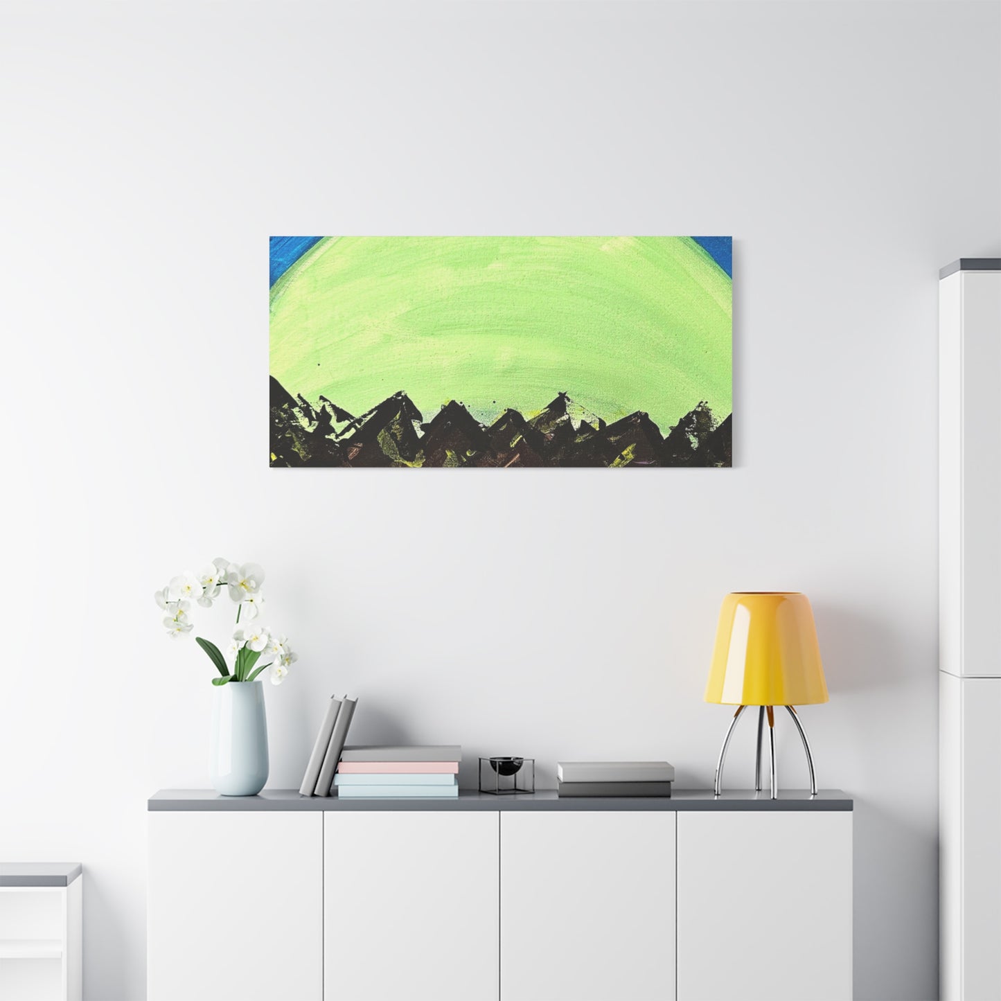 Green Moonrise Canvas Wall Art – Mountain Silhouette Nightscape