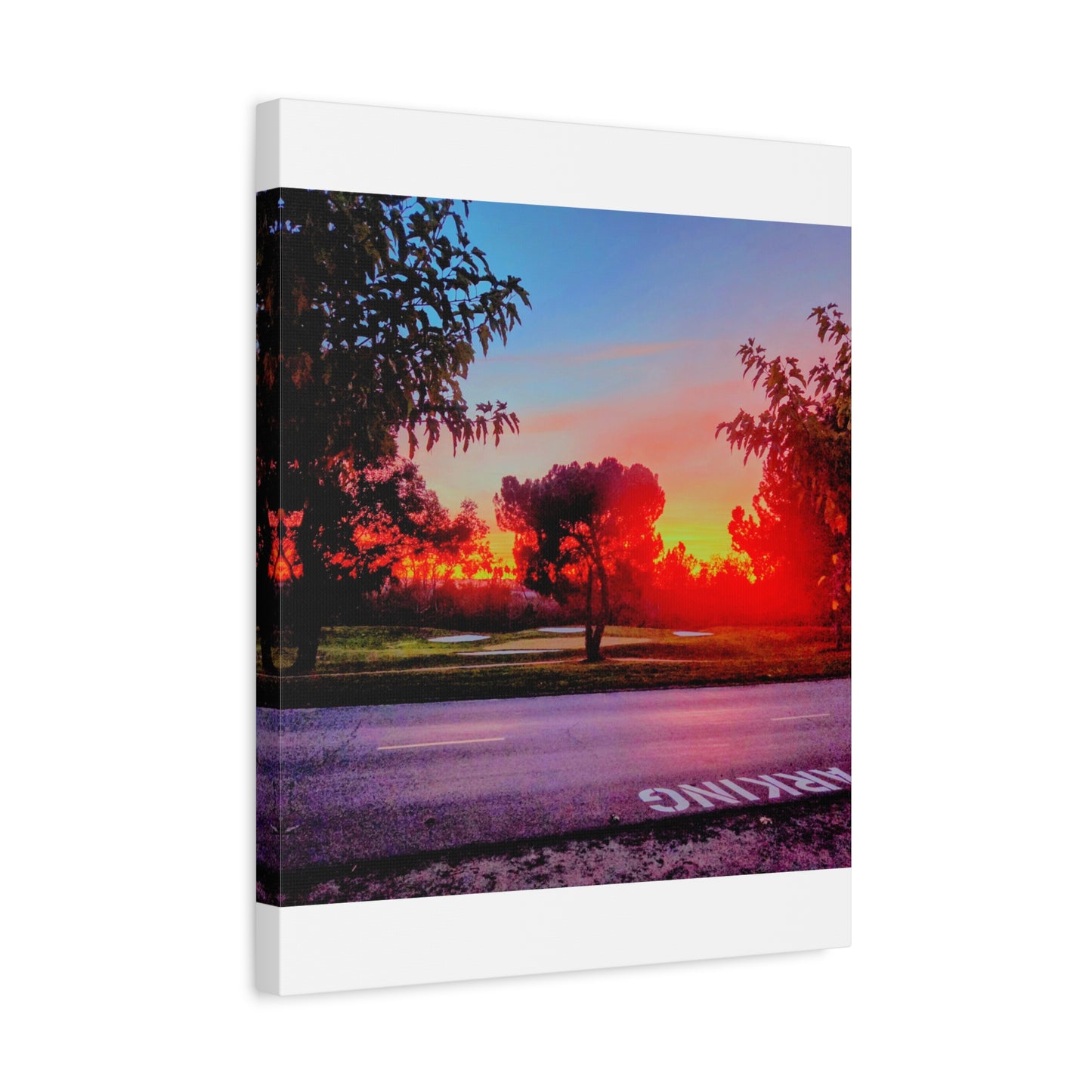 4th green @muni - Sunset Park Matte Canvas Print — Vibrant Red & Orange Landscape Wall Art