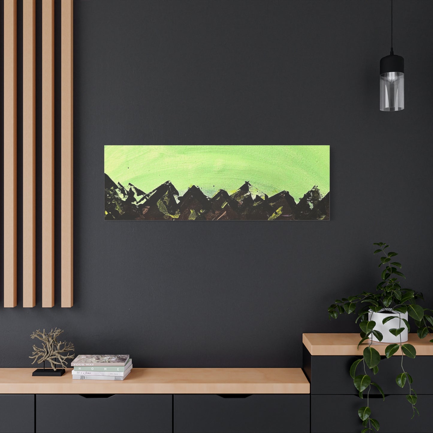 Green Moonrise Canvas Wall Art – Mountain Silhouette Nightscape