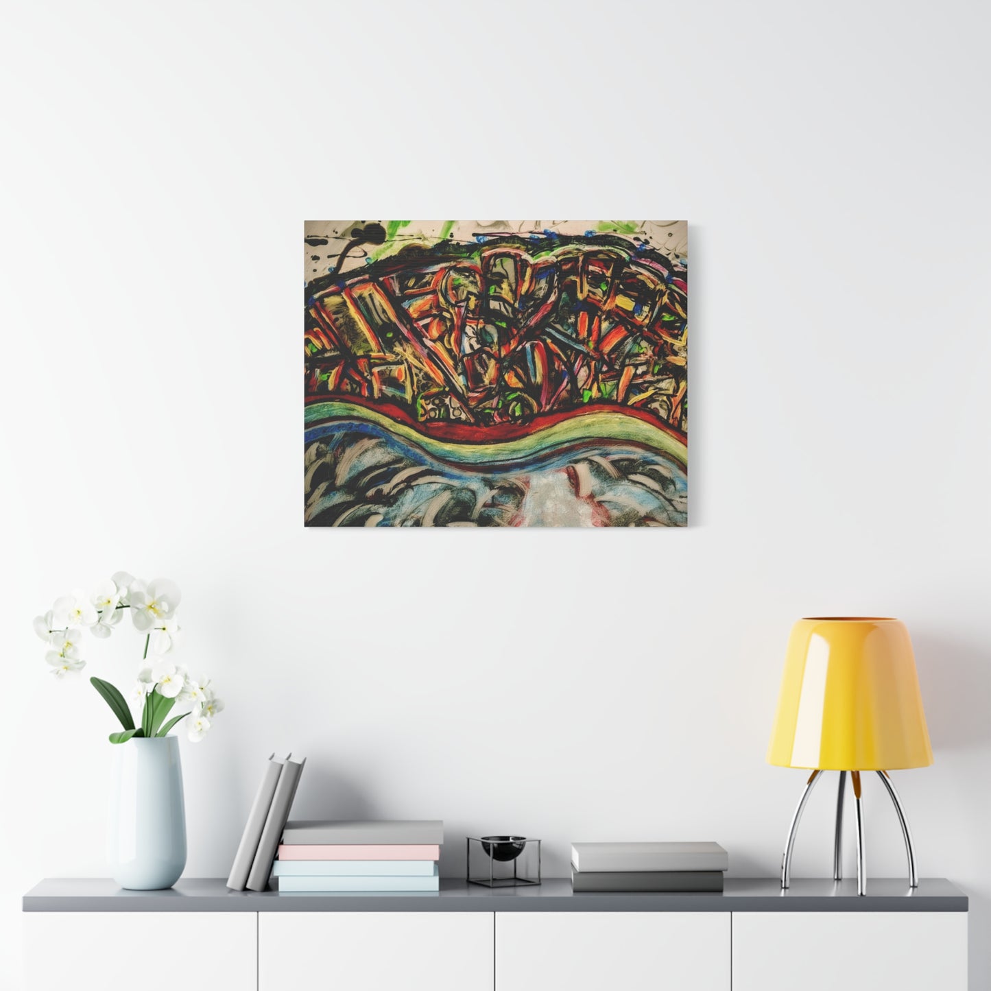 Acrylic_inequalities - Abstract Coastal Cityscape Canvas — Vibrant Ocean Wave Wall Art