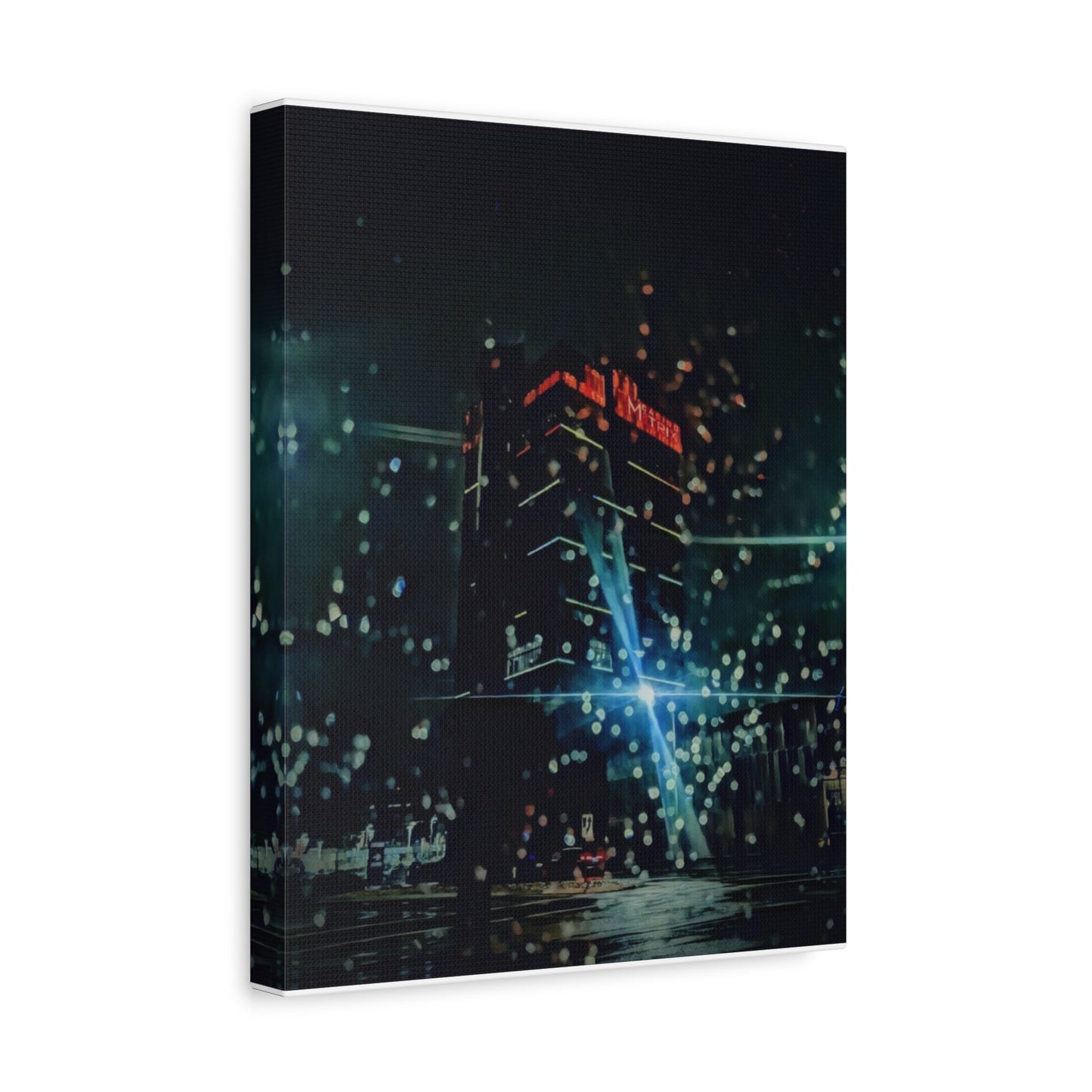 matrix @night Canvas Print — Moody Rainy Urban Wall Art (Matte Stretched)