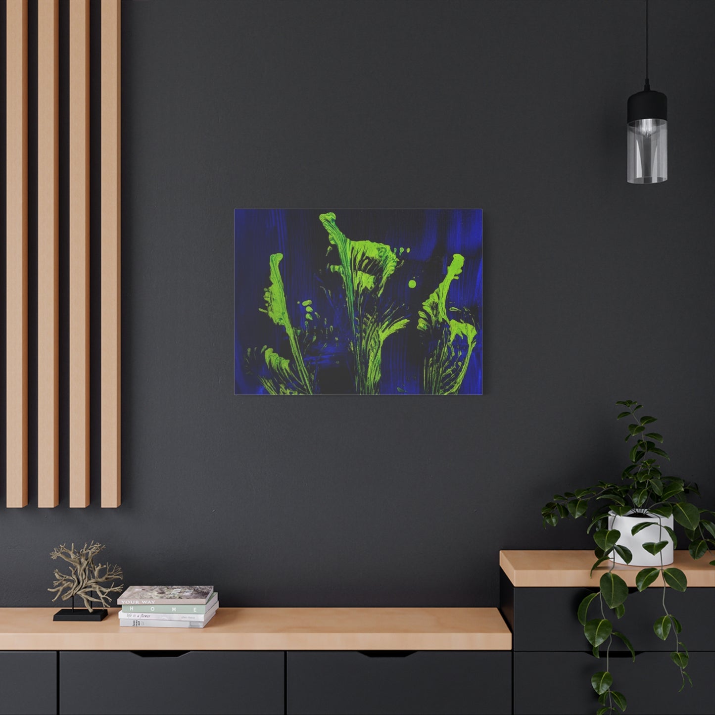 calla_lillies_pt.2 - Neon Floral Abstract Canvas Print — Blue & Lime Stretched Wall Art