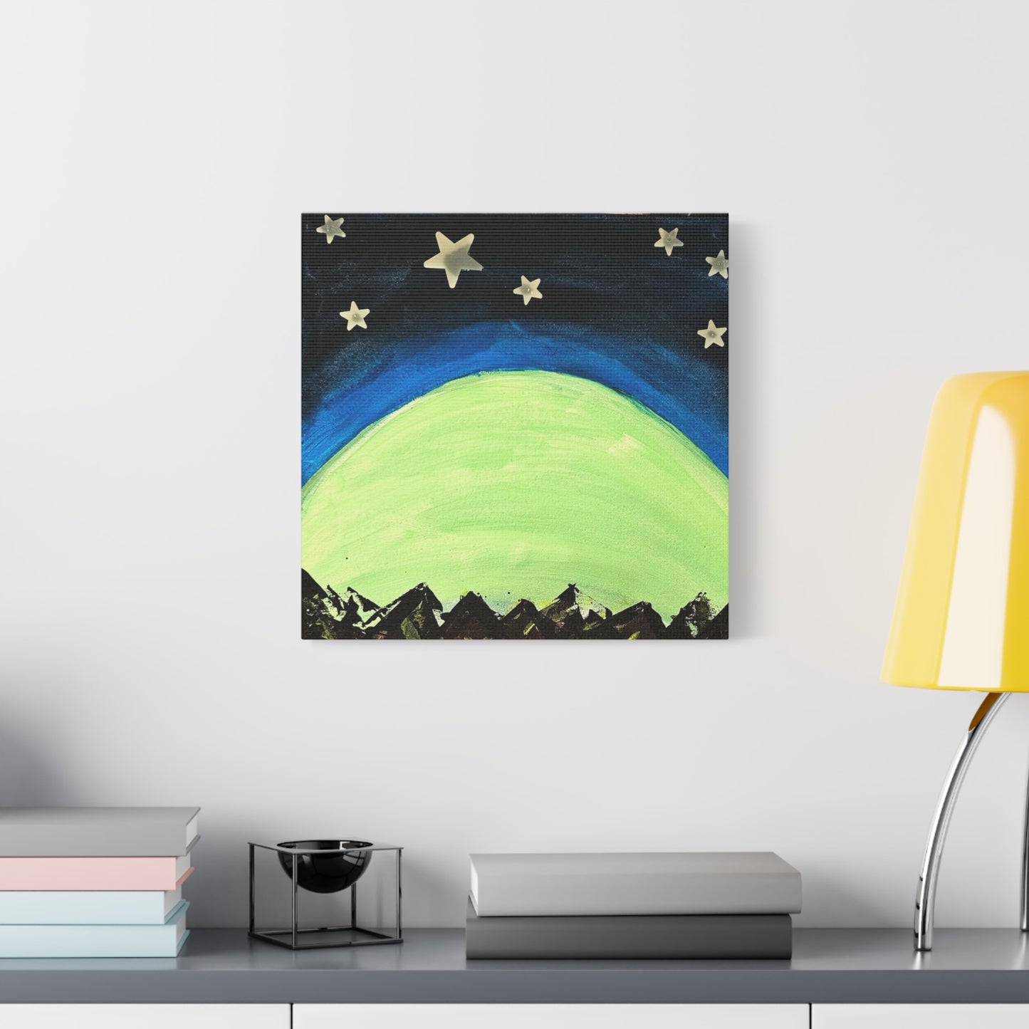 Green Moonrise Canvas Wall Art – Mountain Silhouette Nightscape
