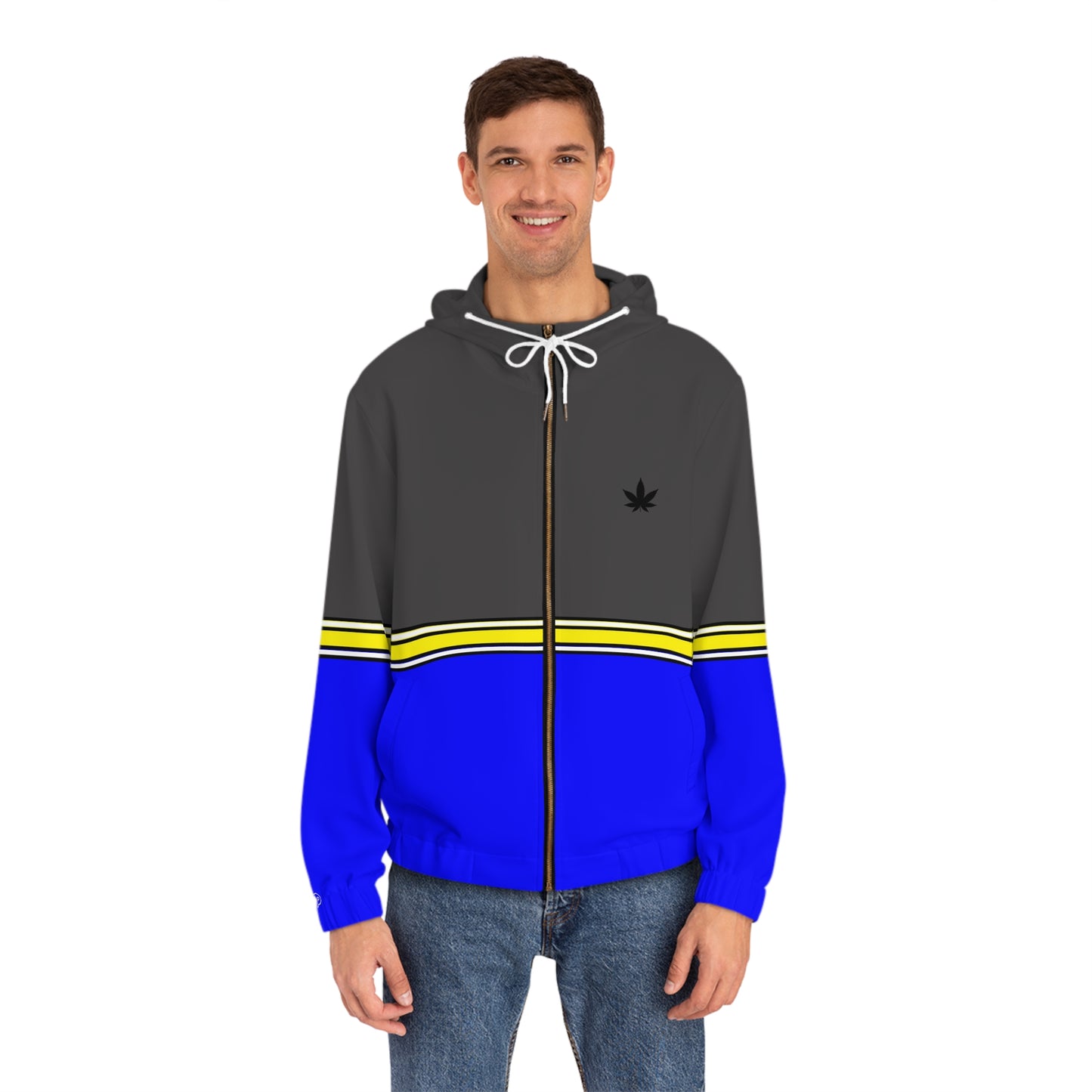 Blue Stripe Full-Zip Hoodie — Casual Streetwear Jacket with Leaf Logo