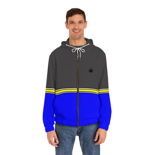 Blue Stripe Full-Zip Hoodie — Casual Streetwear Jacket with Leaf Logo