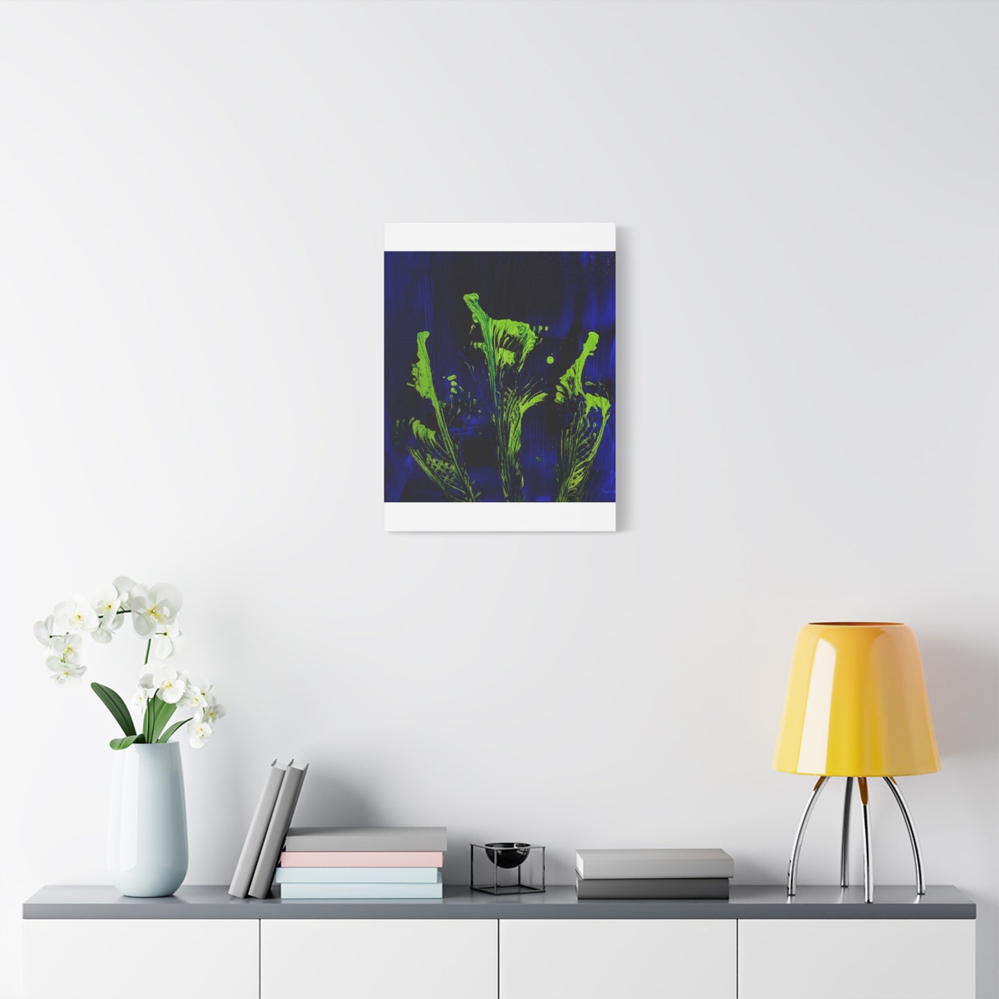 calla_lillies_pt.2 - Neon Floral Abstract Canvas Print — Blue & Lime Stretched Wall Art