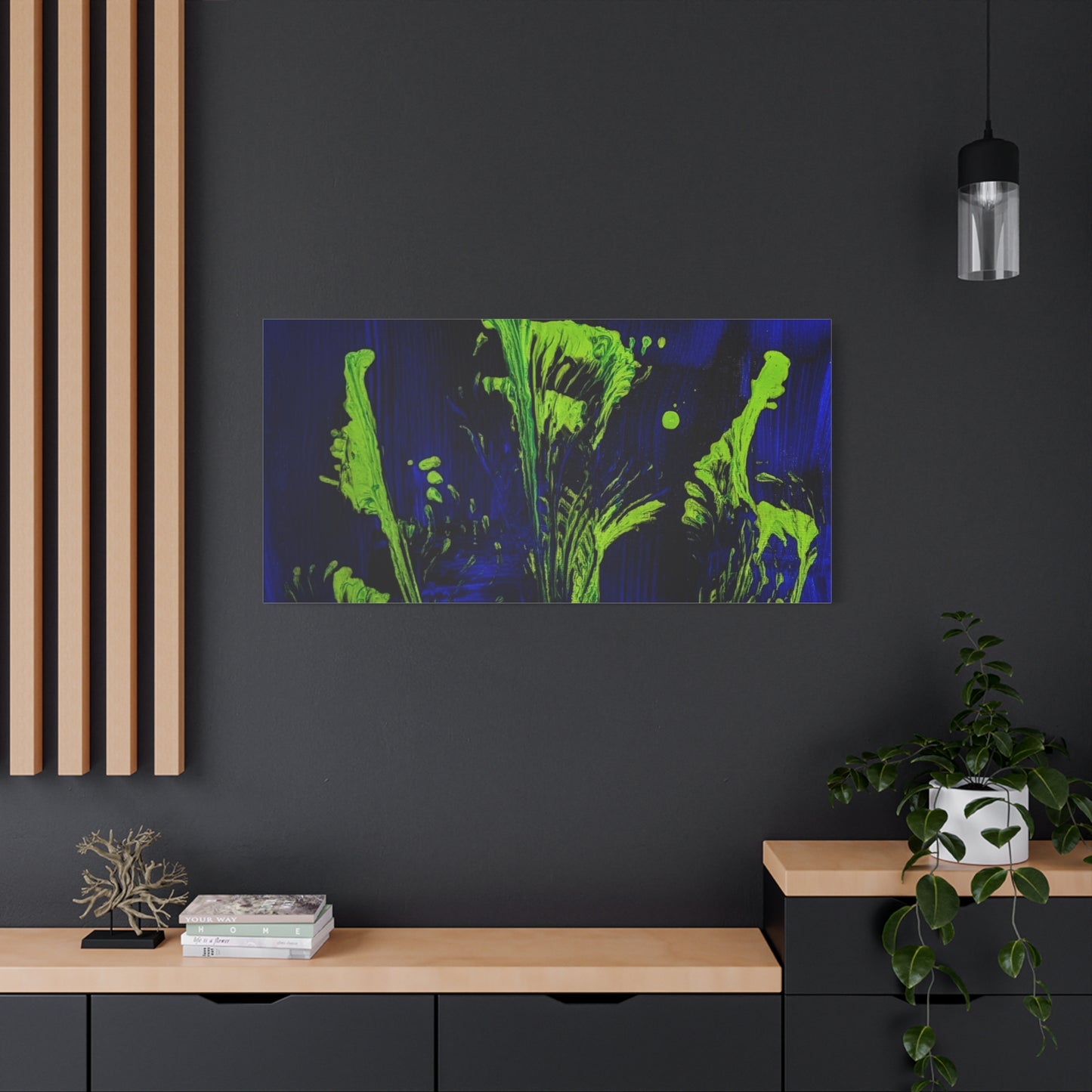 calla_lillies_pt.2 - Neon Floral Abstract Canvas Print — Blue & Lime Stretched Wall Art