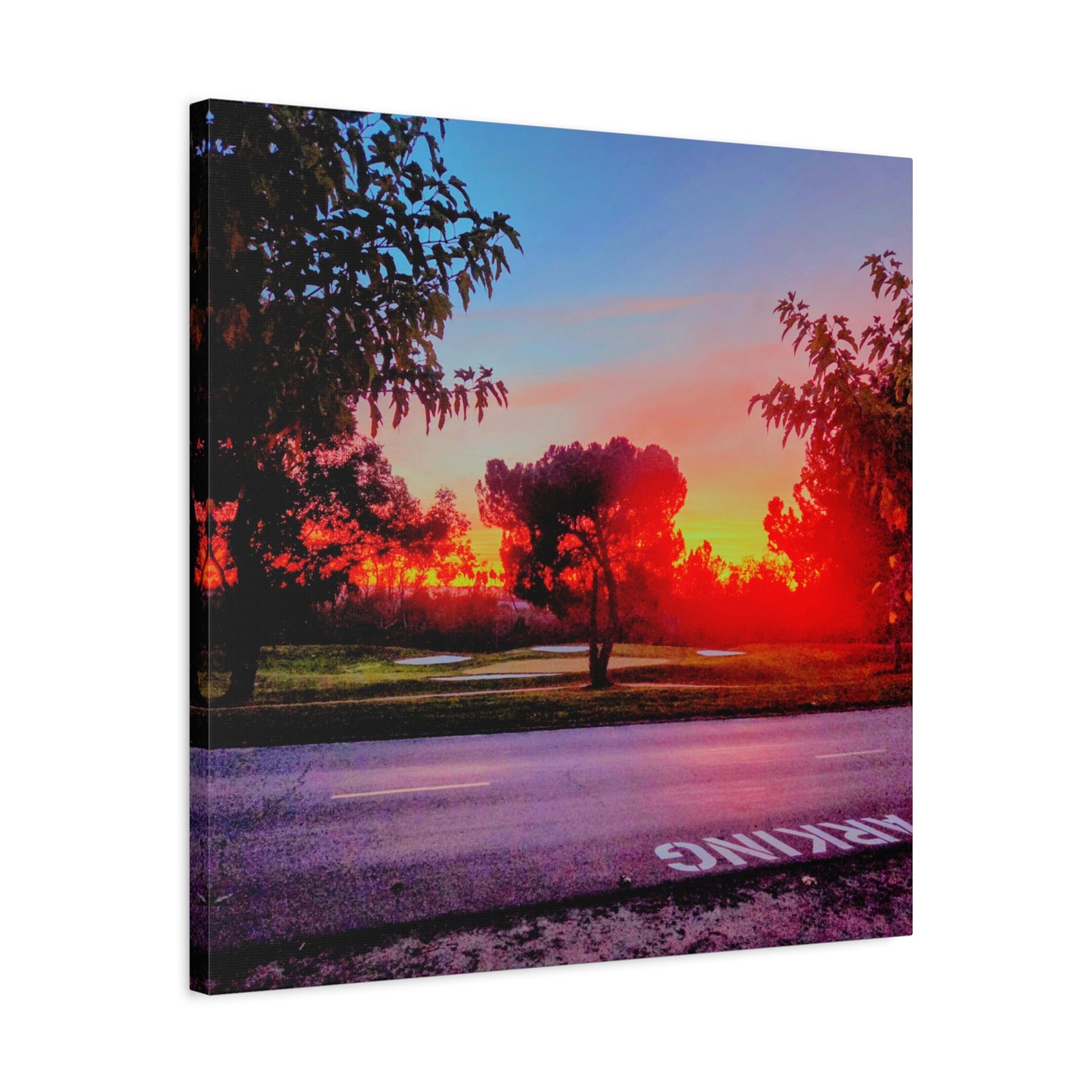 4th green @muni - Sunset Park Matte Canvas Print — Vibrant Red & Orange Landscape Wall Art