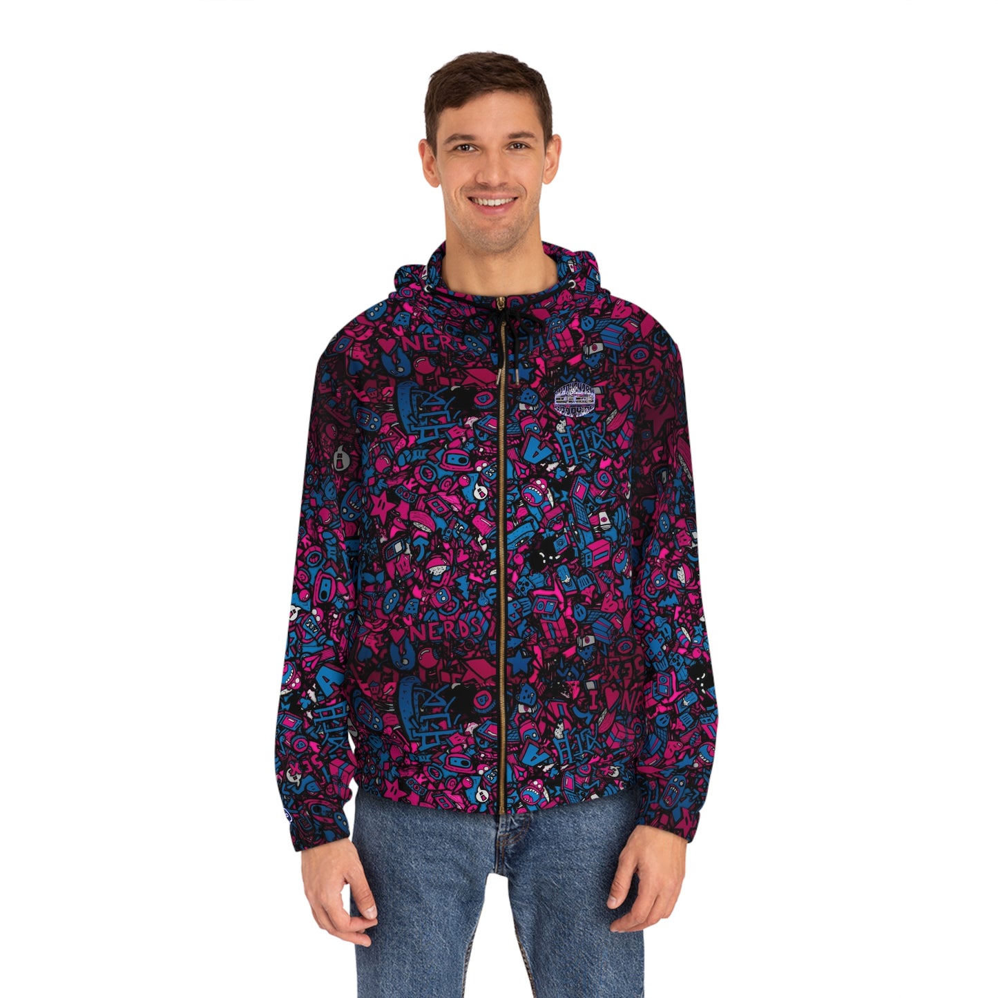 Men's Doodle Graphic Full‑Zip Hoodie — Neon Pink & Blue All‑Over Print