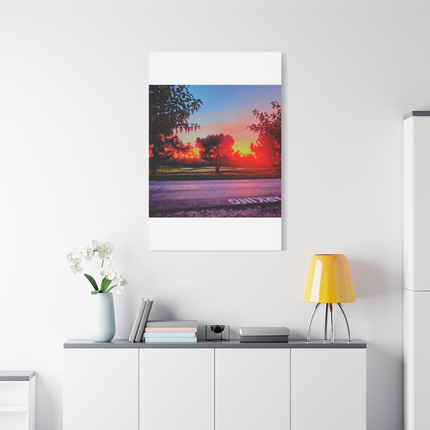 4th green @muni - Sunset Park Matte Canvas Print — Vibrant Red & Orange Landscape Wall Art