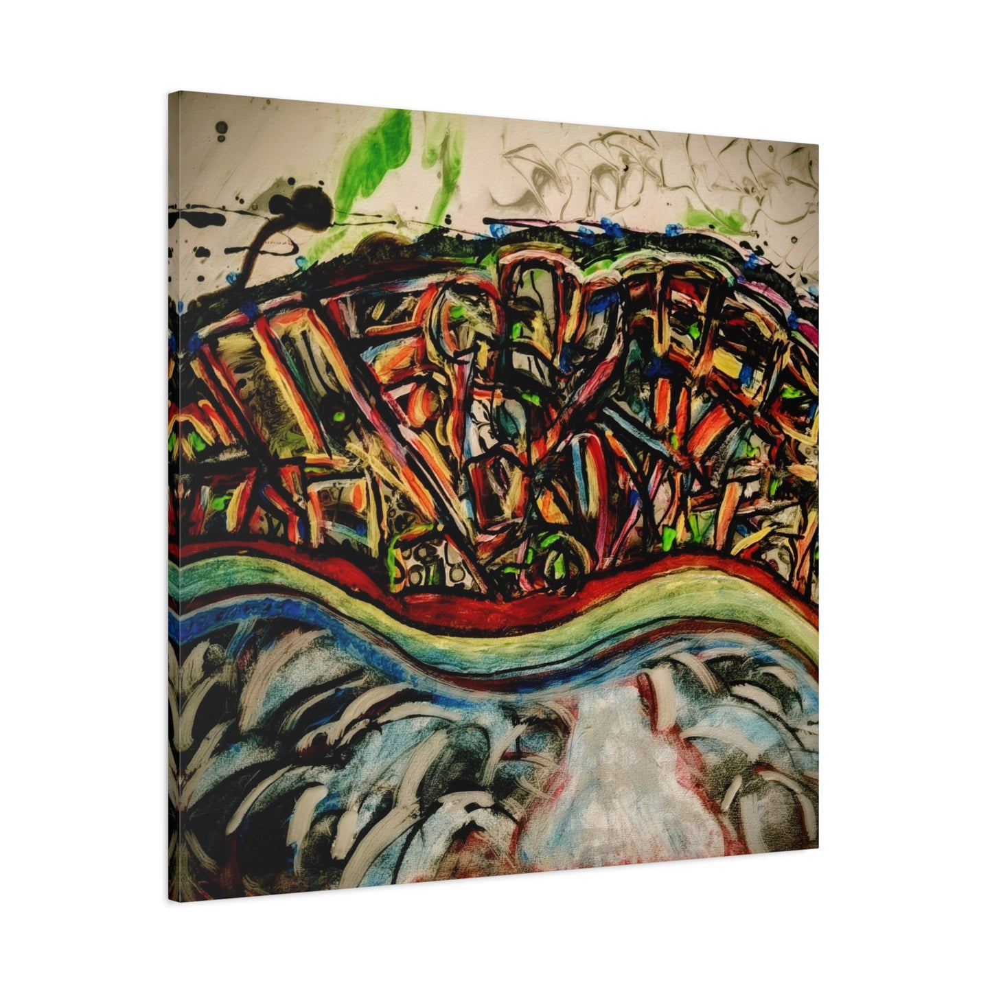 Acrylic_inequalities - Abstract Coastal Cityscape Canvas — Vibrant Ocean Wave Wall Art