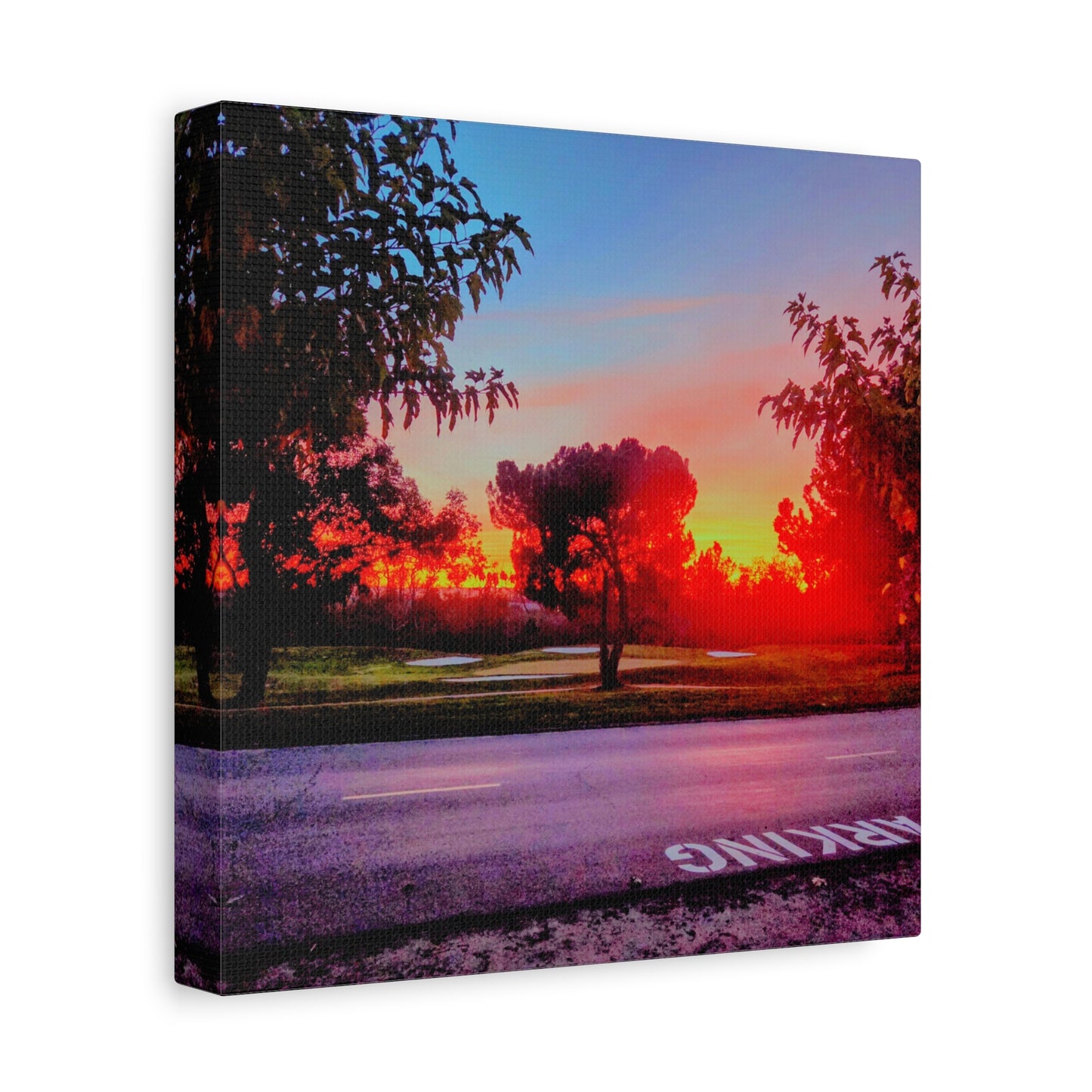 4th green @muni - Sunset Park Matte Canvas Print — Vibrant Red & Orange Landscape Wall Art
