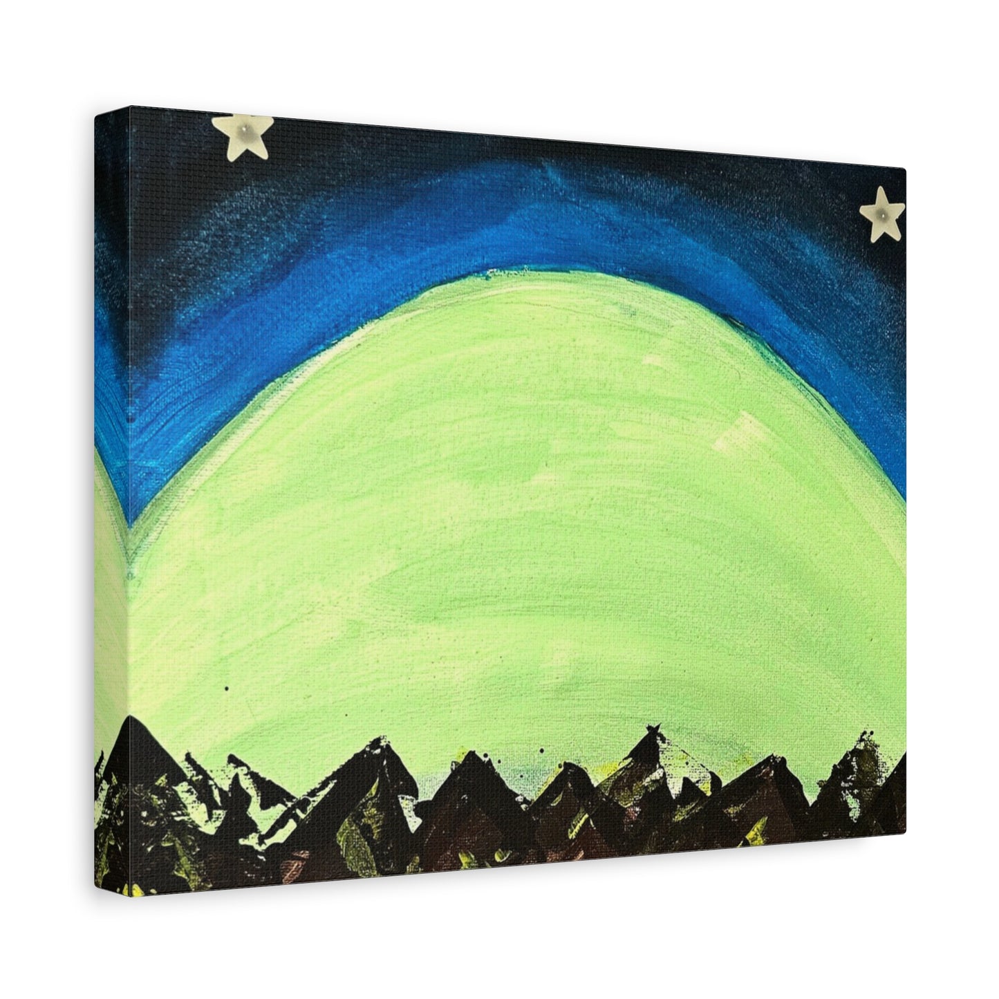 Green Moonrise Canvas Wall Art – Mountain Silhouette Nightscape
