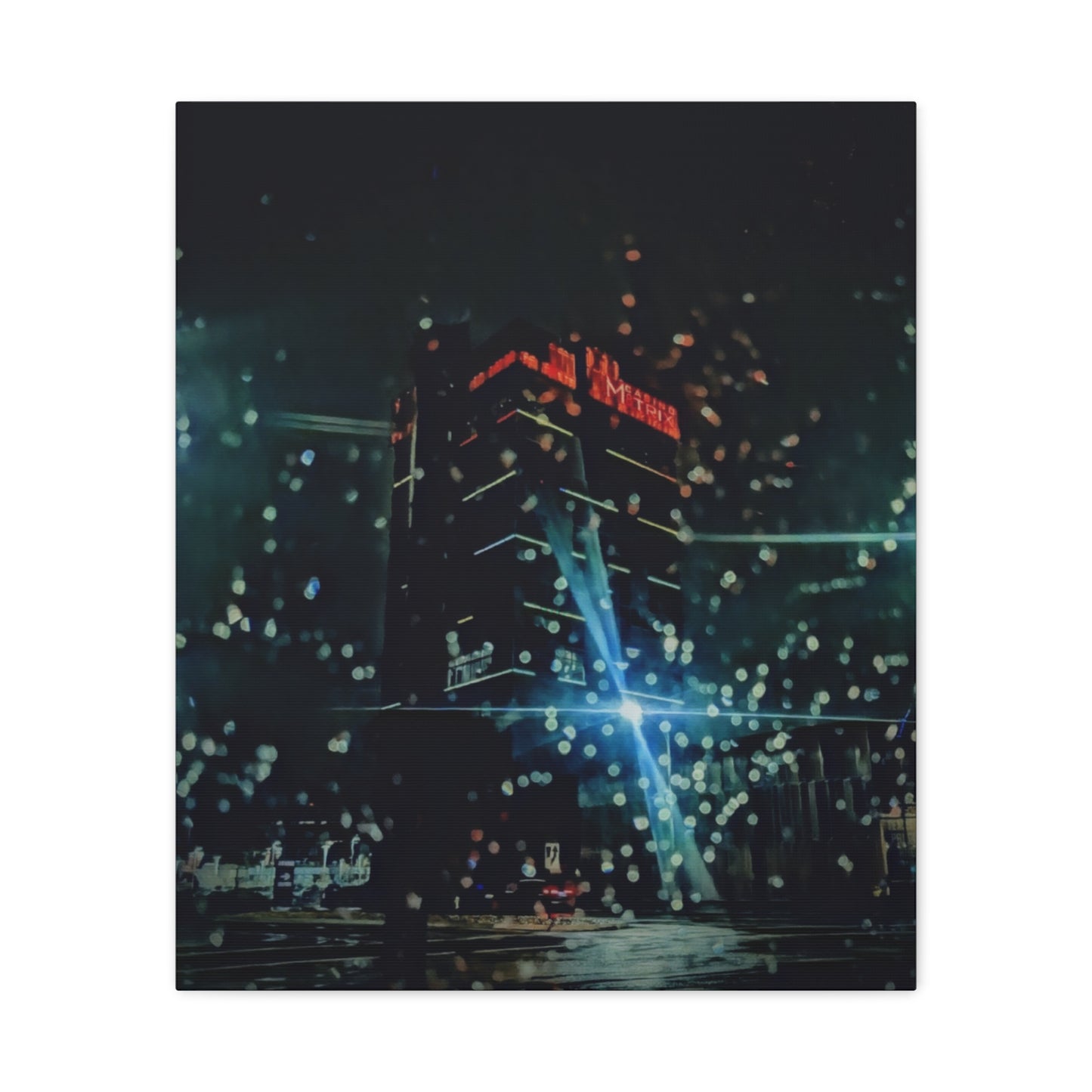 matrix @night Canvas Print — Moody Rainy Urban Wall Art (Matte Stretched)
