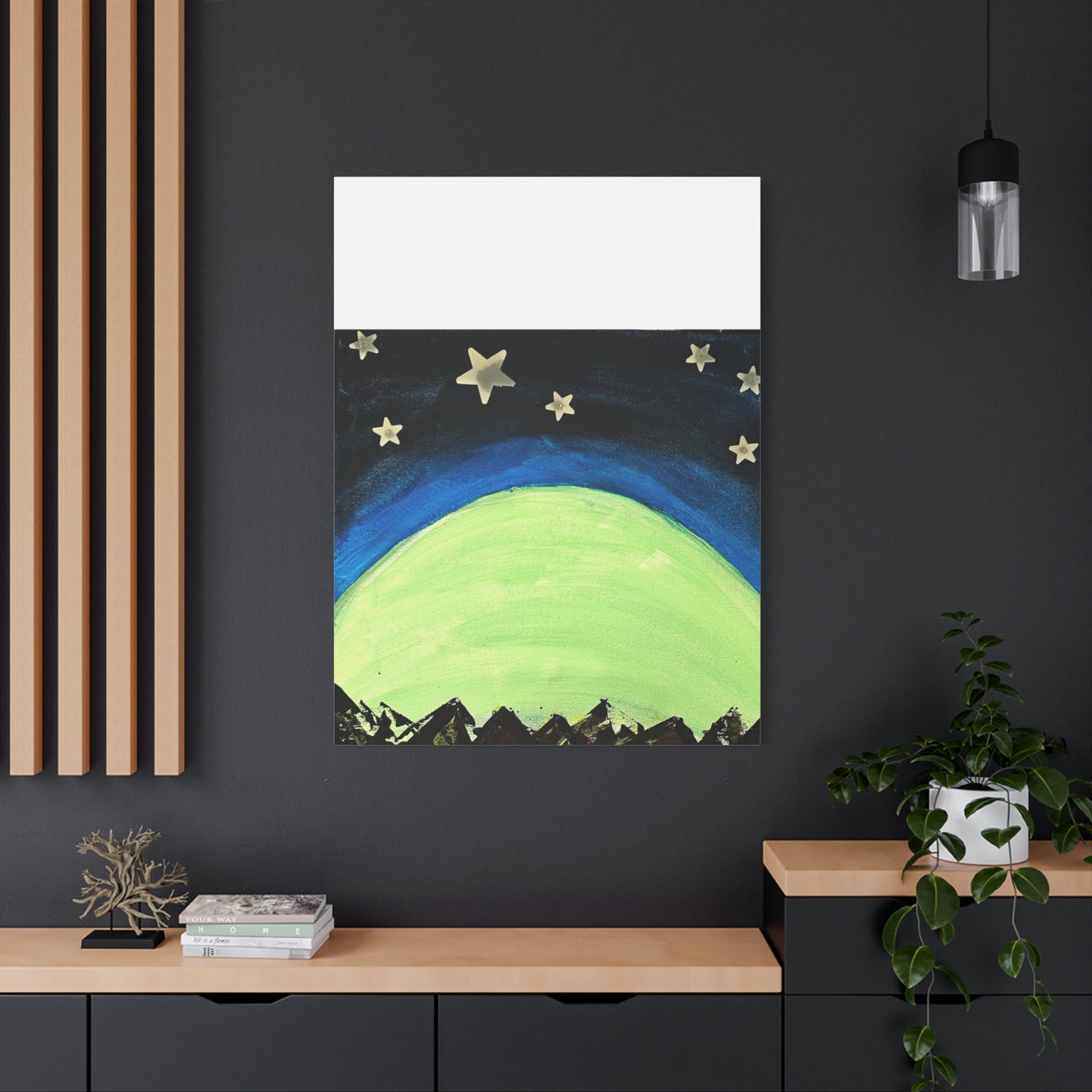 Green Moonrise Canvas Wall Art – Mountain Silhouette Nightscape