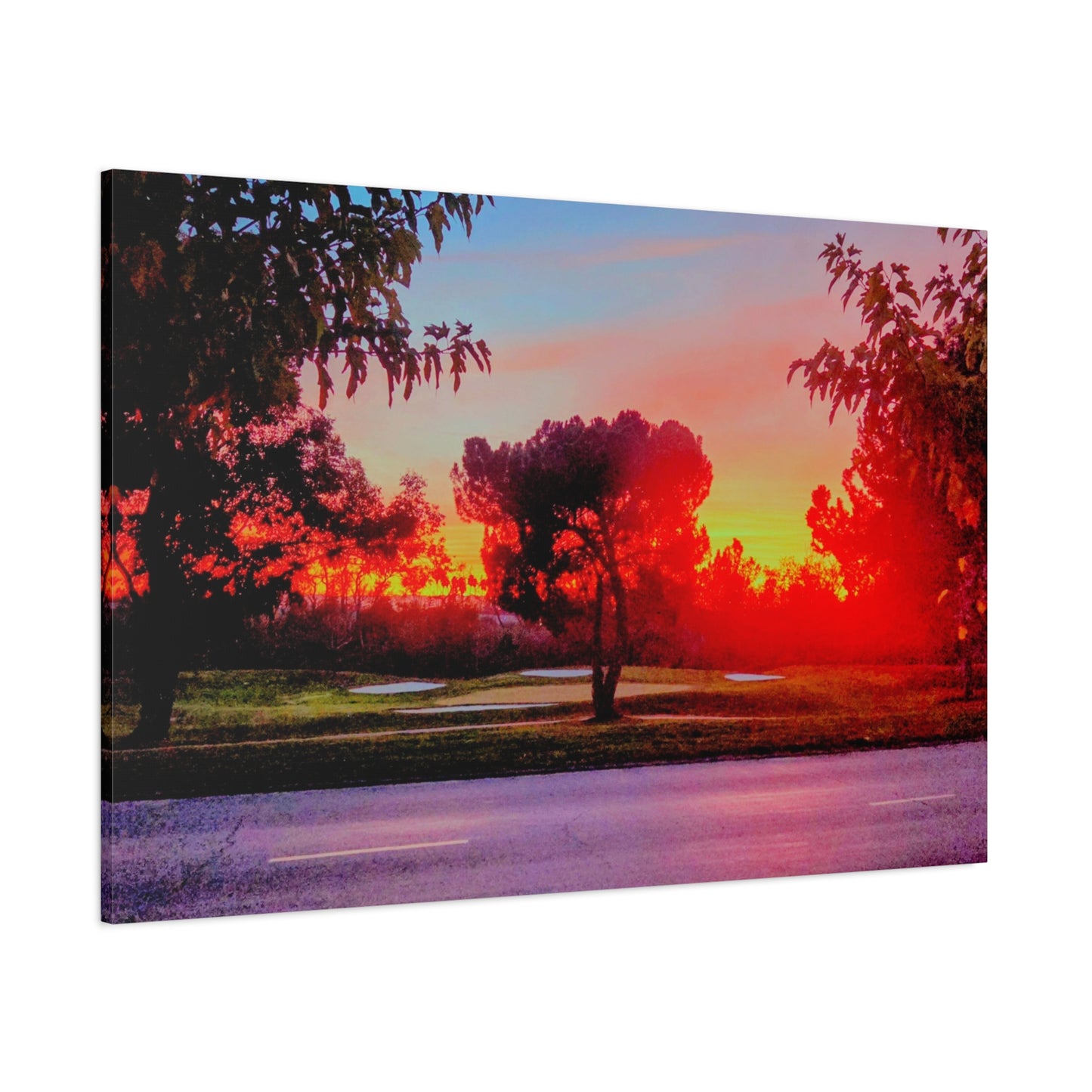4th green @muni - Sunset Park Matte Canvas Print — Vibrant Red & Orange Landscape Wall Art