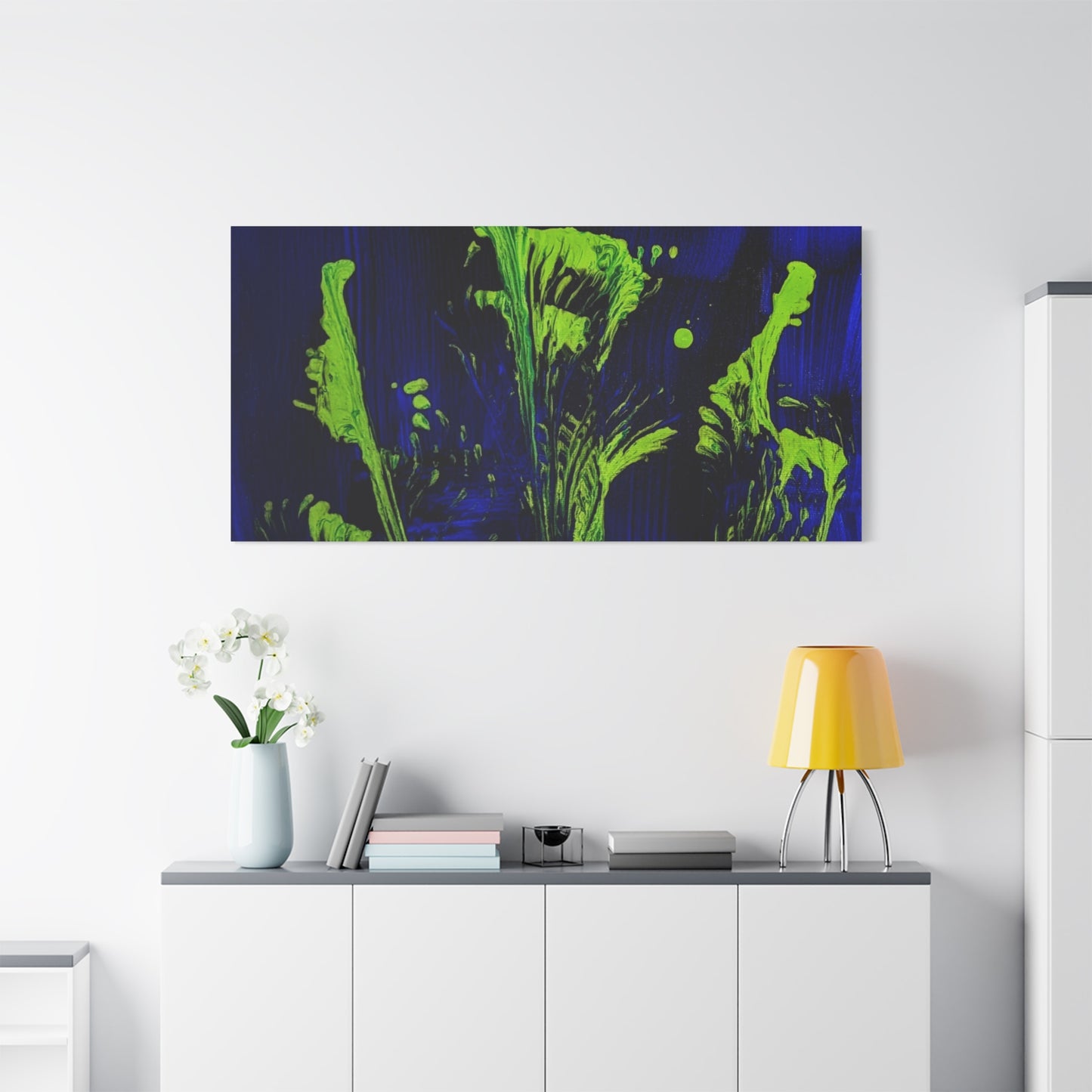 calla_lillies_pt.2 - Neon Floral Abstract Canvas Print — Blue & Lime Stretched Wall Art
