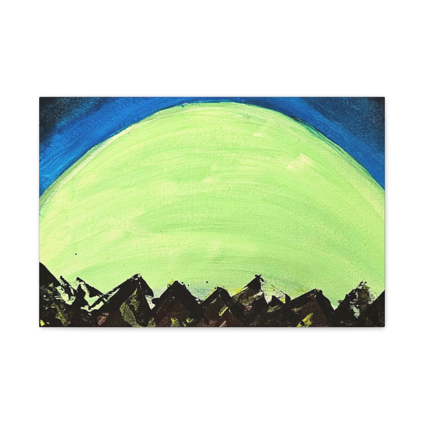 Green Moonrise Canvas Wall Art – Mountain Silhouette Nightscape