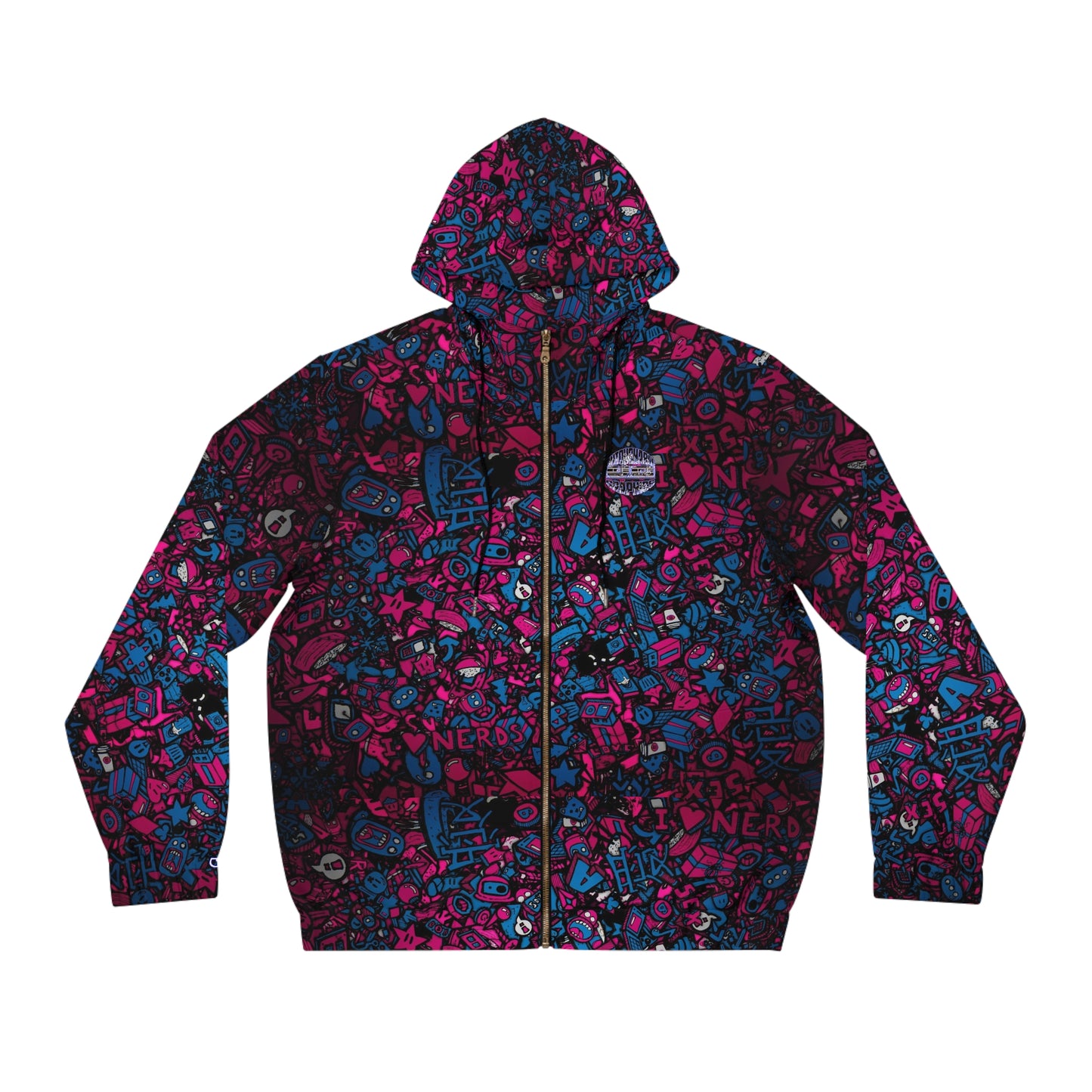 Men's Doodle Graphic Full‑Zip Hoodie — Neon Pink & Blue All‑Over Print