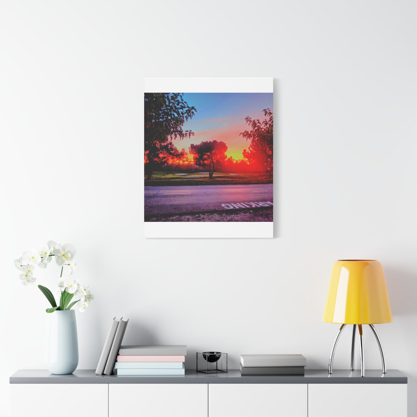 4th green @muni - Sunset Park Matte Canvas Print — Vibrant Red & Orange Landscape Wall Art