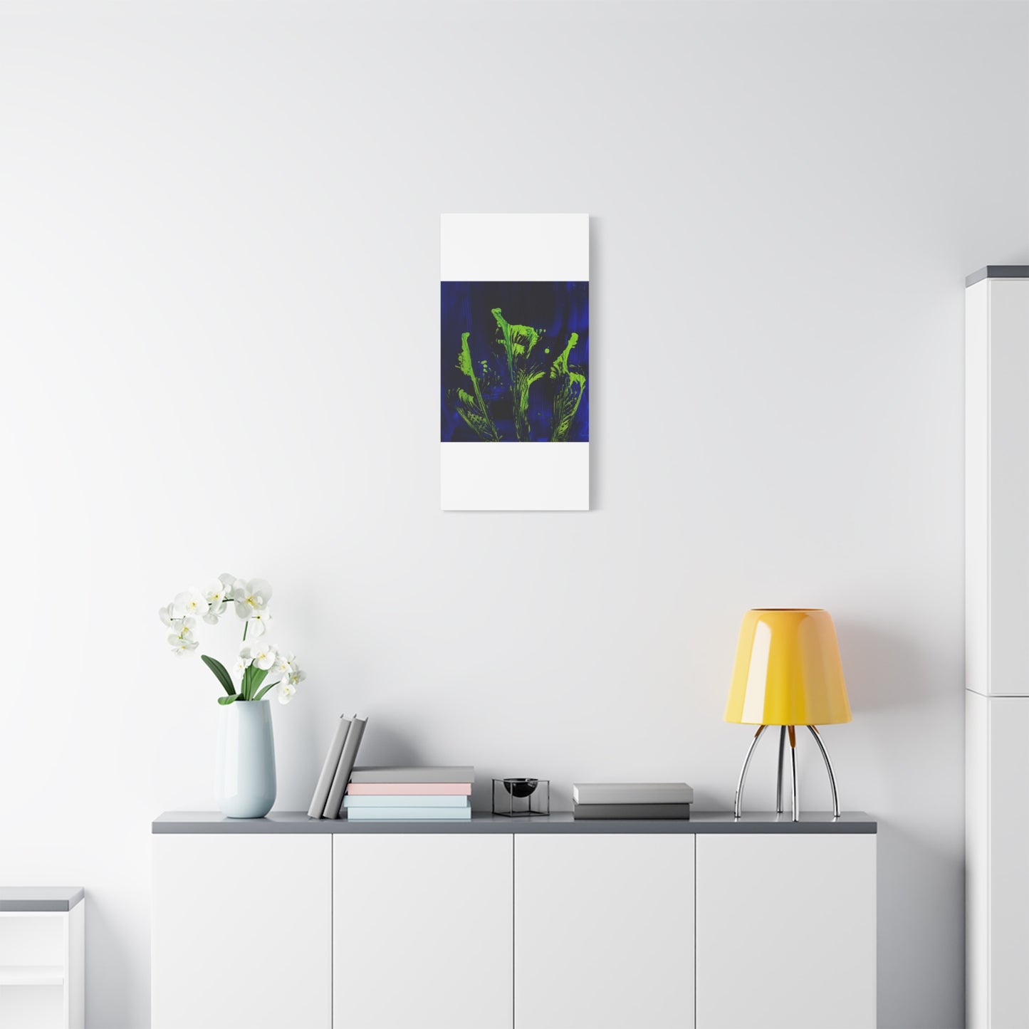 calla_lillies_pt.2 - Neon Floral Abstract Canvas Print — Blue & Lime Stretched Wall Art