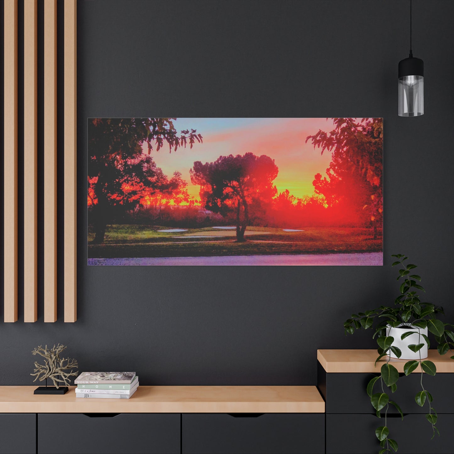 4th green @muni - Sunset Park Matte Canvas Print — Vibrant Red & Orange Landscape Wall Art