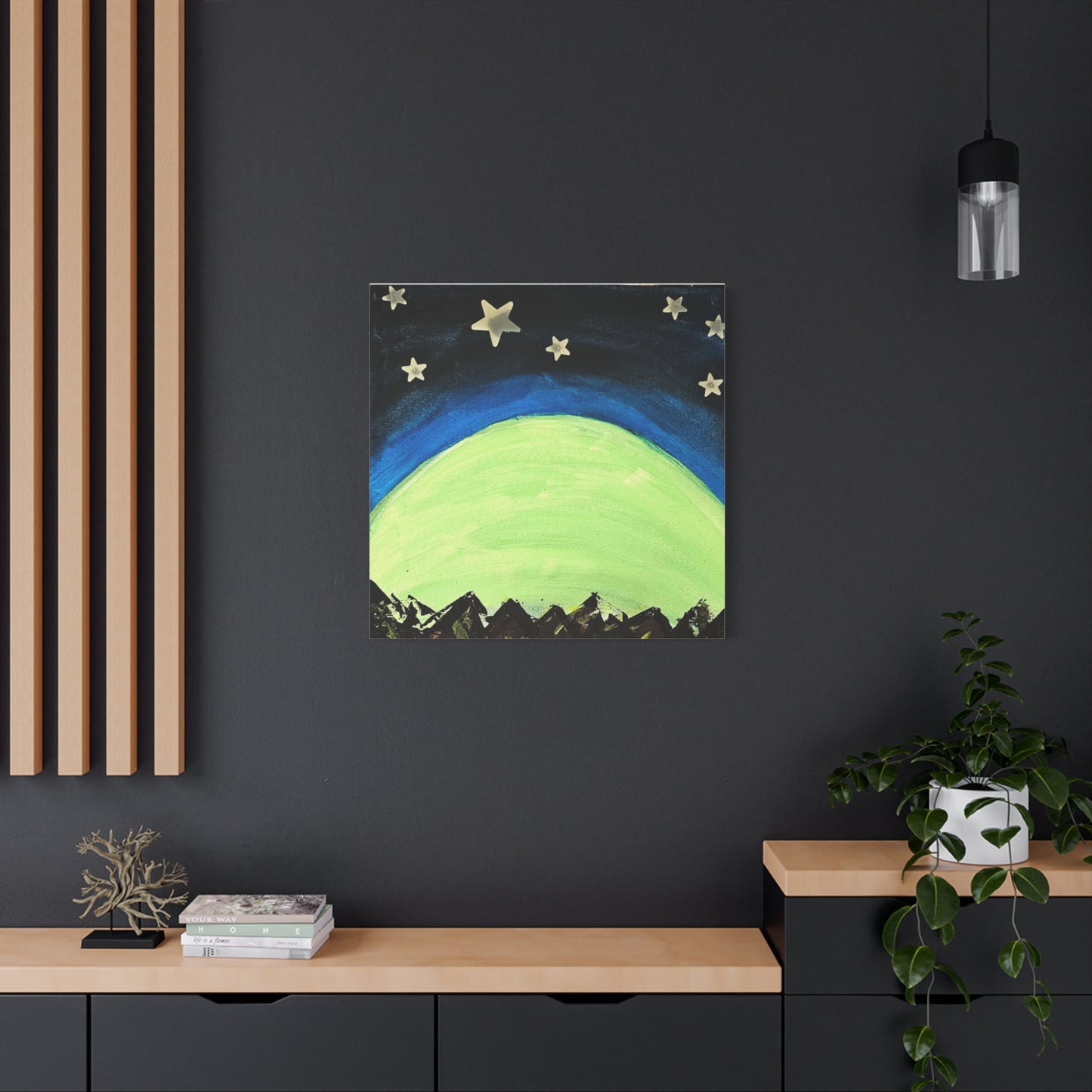 Green Moonrise Canvas Wall Art – Mountain Silhouette Nightscape