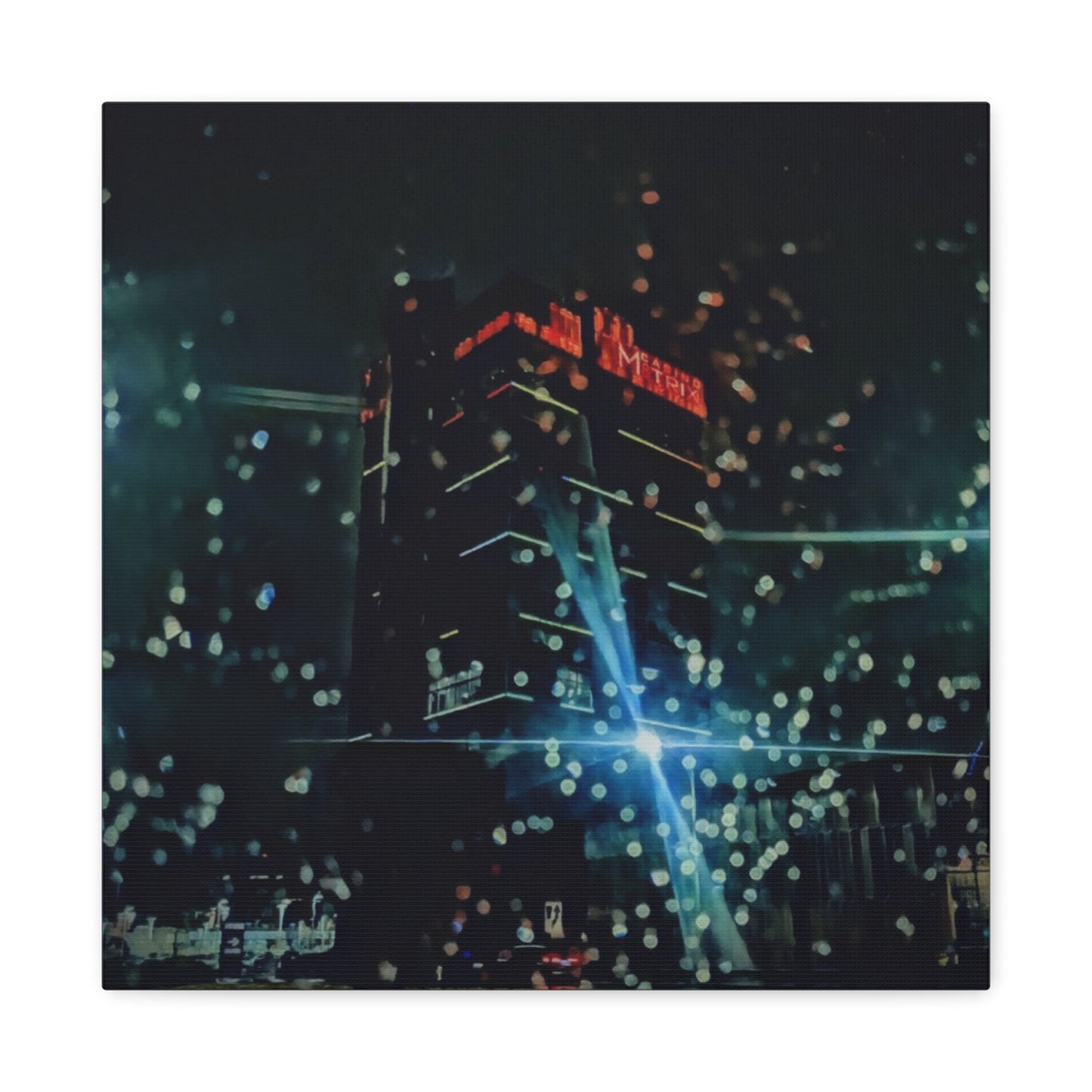 matrix @night Canvas Print — Moody Rainy Urban Wall Art (Matte Stretched)