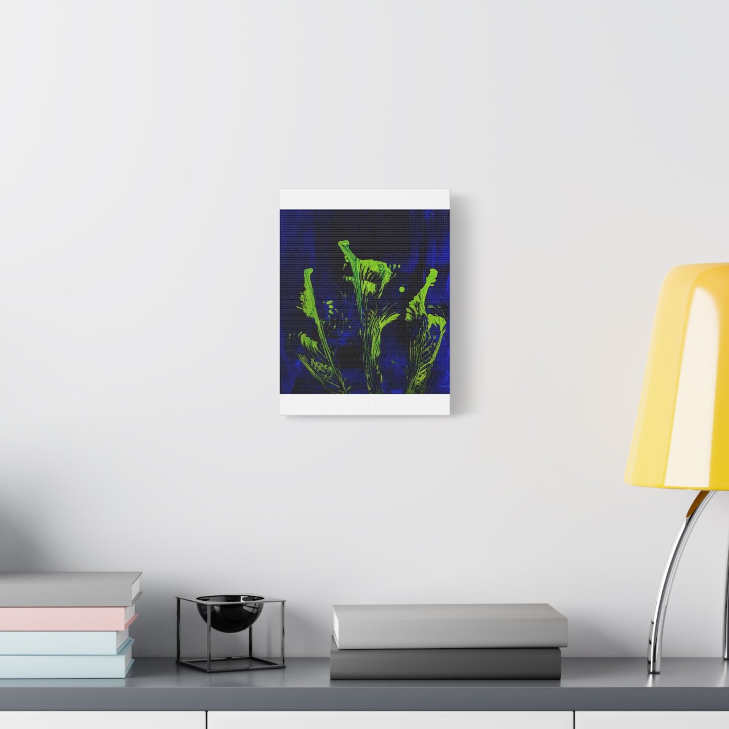 calla_lillies_pt.2 - Neon Floral Abstract Canvas Print — Blue & Lime Stretched Wall Art