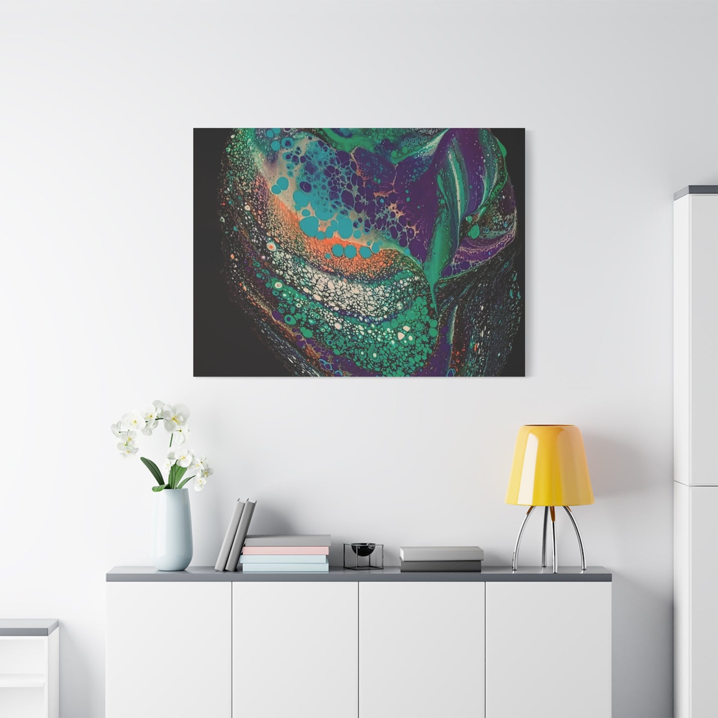Abstract Fluid Art Canvas Print — Teal, Purple & Gold Swirl Matte Stretched Wall Art