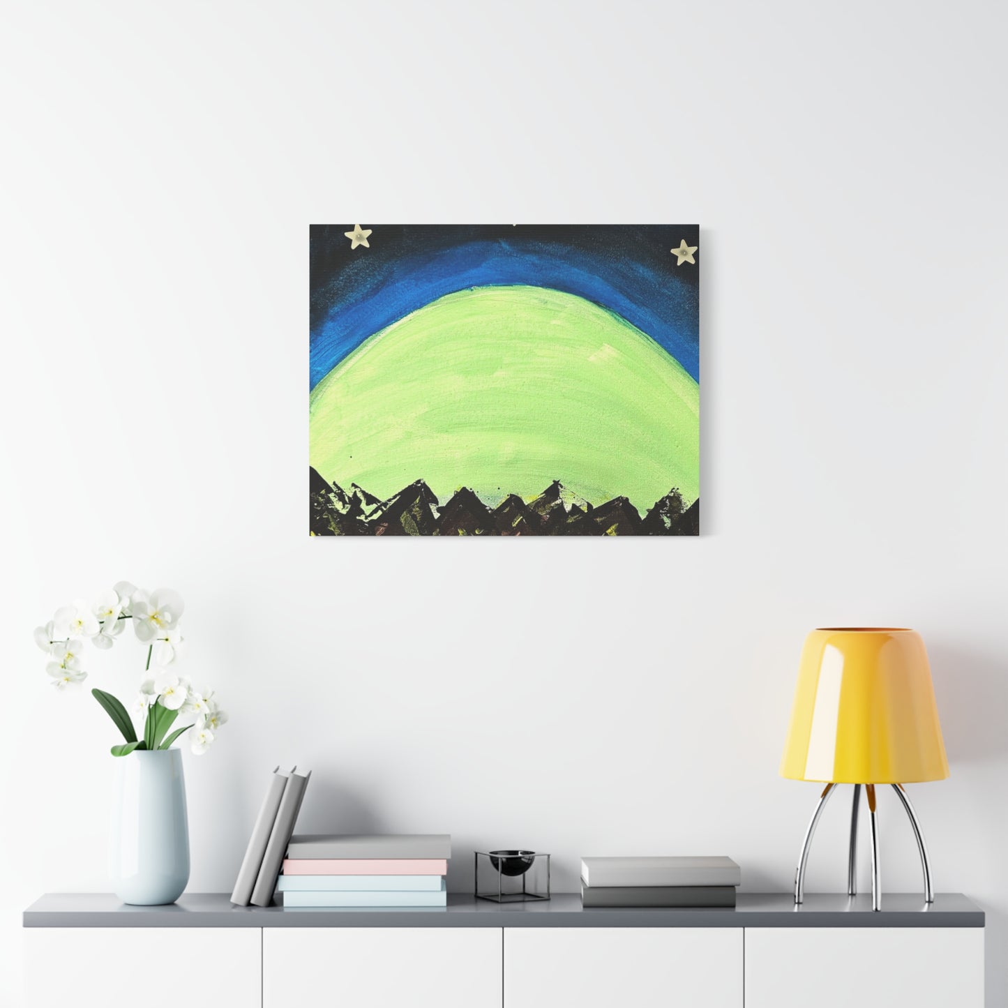 Green Moonrise Canvas Wall Art – Mountain Silhouette Nightscape