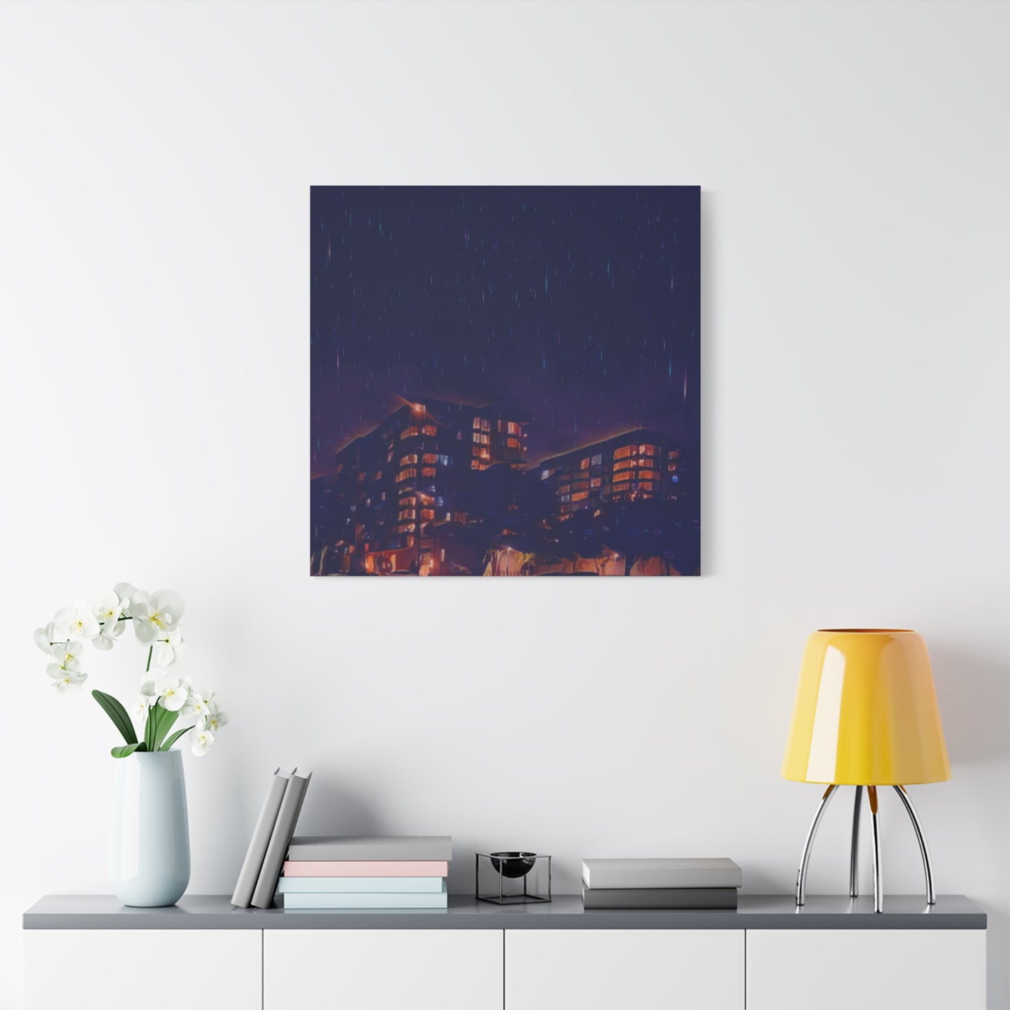 Neon Percipitation @ night - Canvas Print — Moody Urban Wall Art