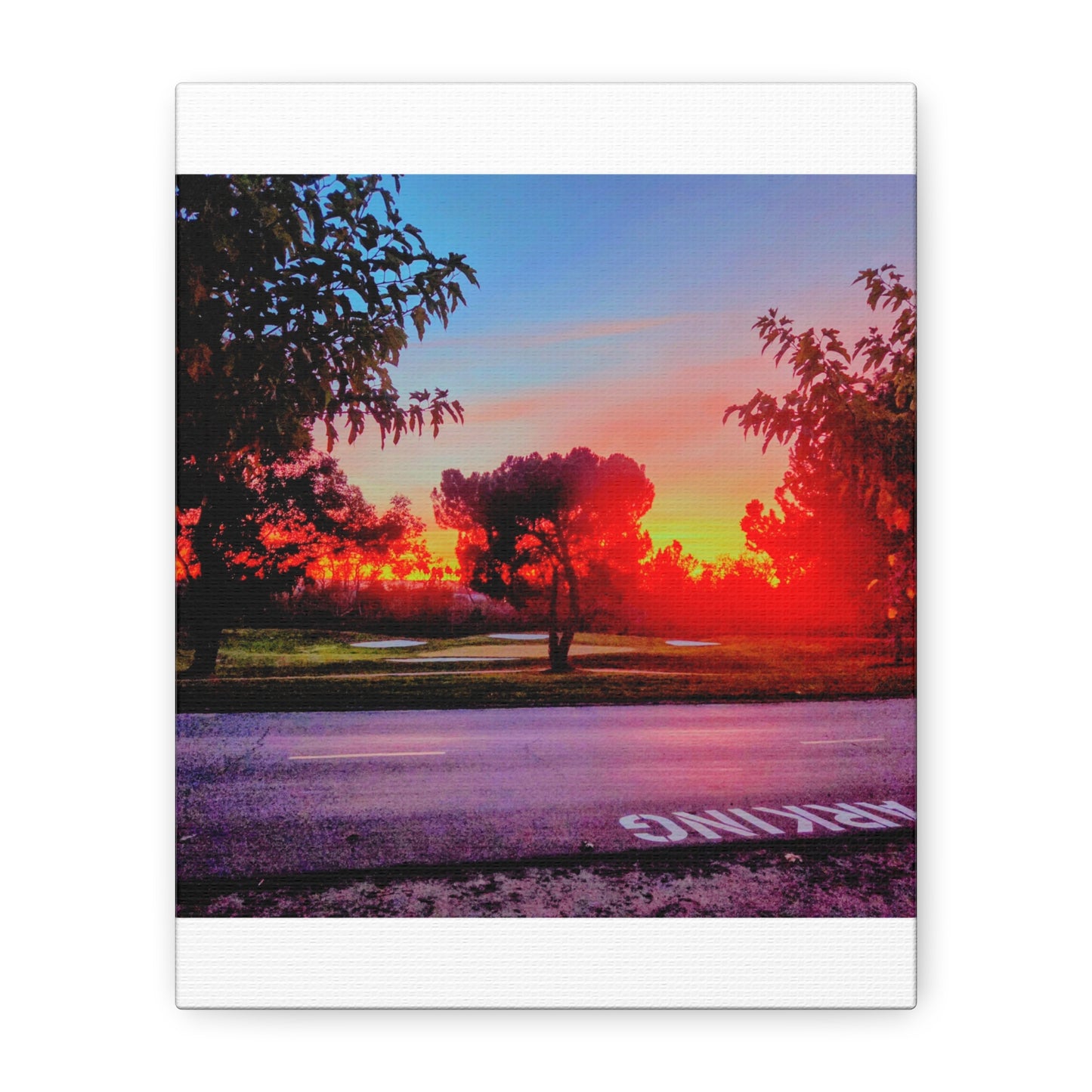 4th green @muni - Sunset Park Matte Canvas Print — Vibrant Red & Orange Landscape Wall Art