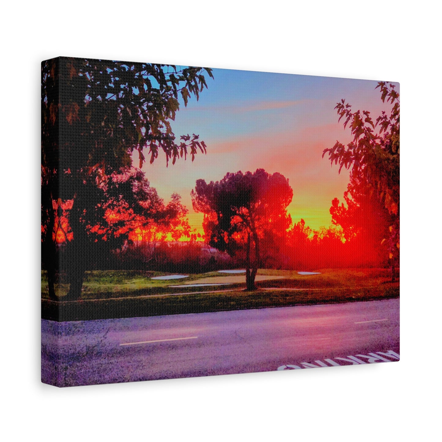 4th green @muni - Sunset Park Matte Canvas Print — Vibrant Red & Orange Landscape Wall Art