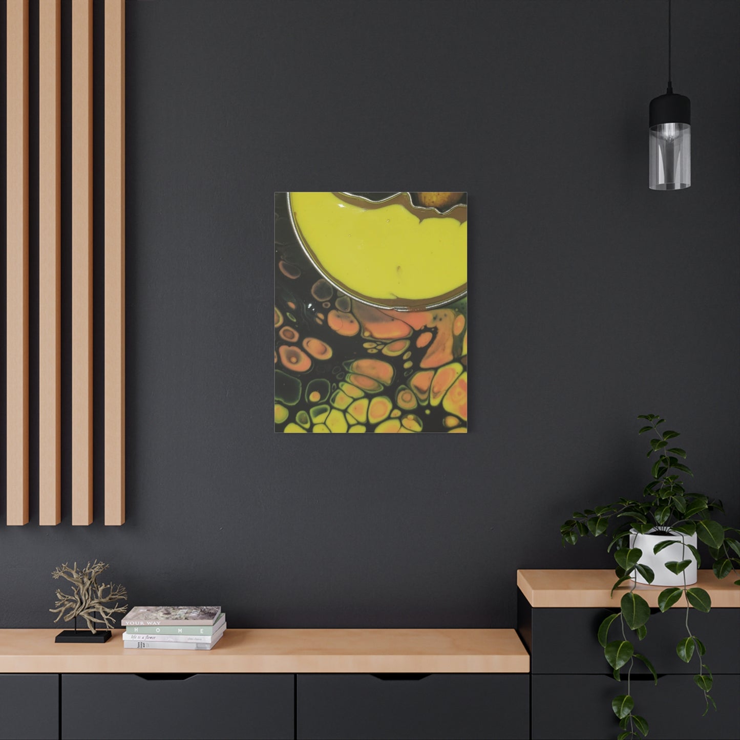 Abstract Fluid Art Canvas Print — Yellow & Black Cell Pour